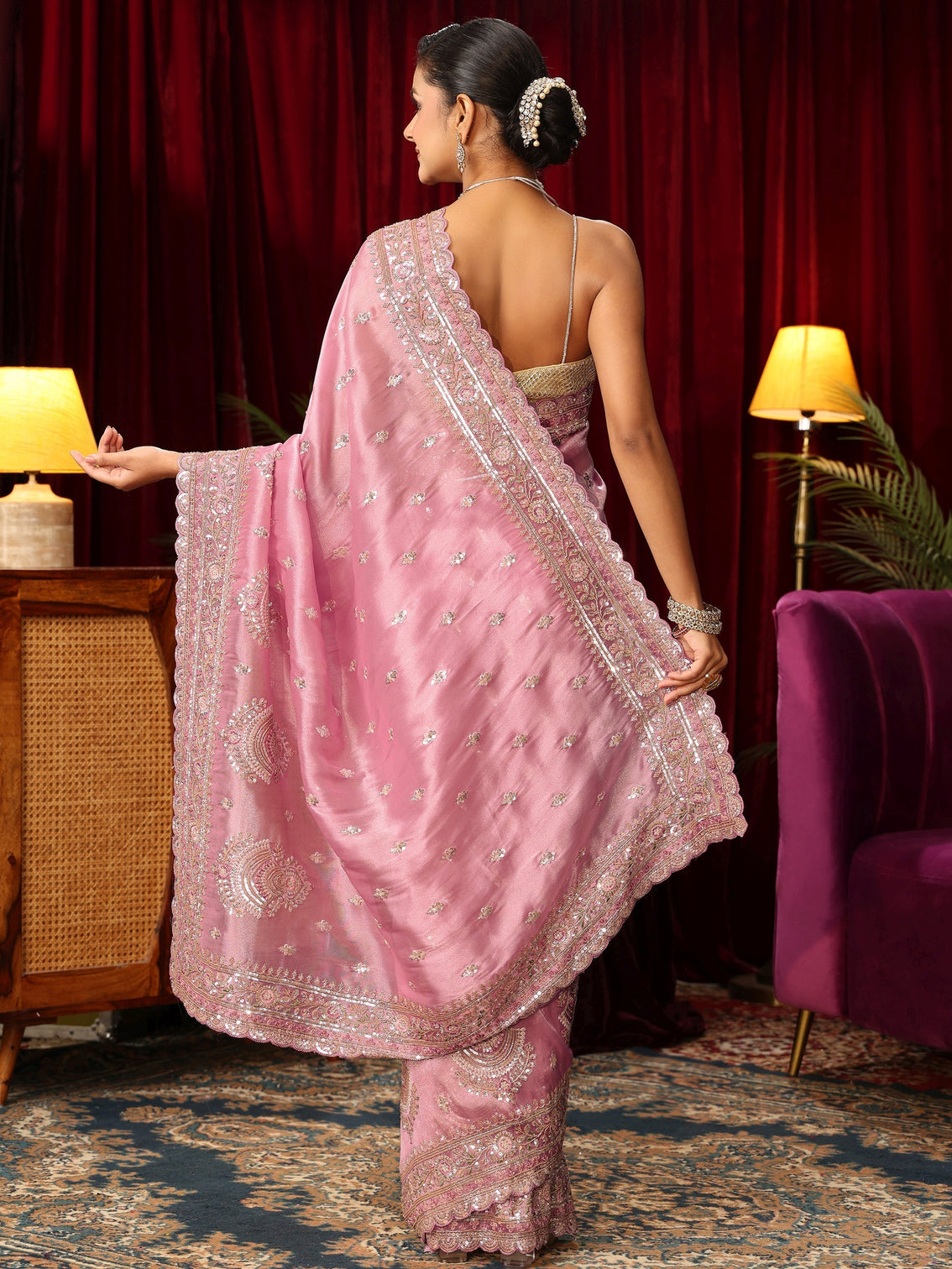 Mameraa Art Pink Sequin Embellished Tissue Saree