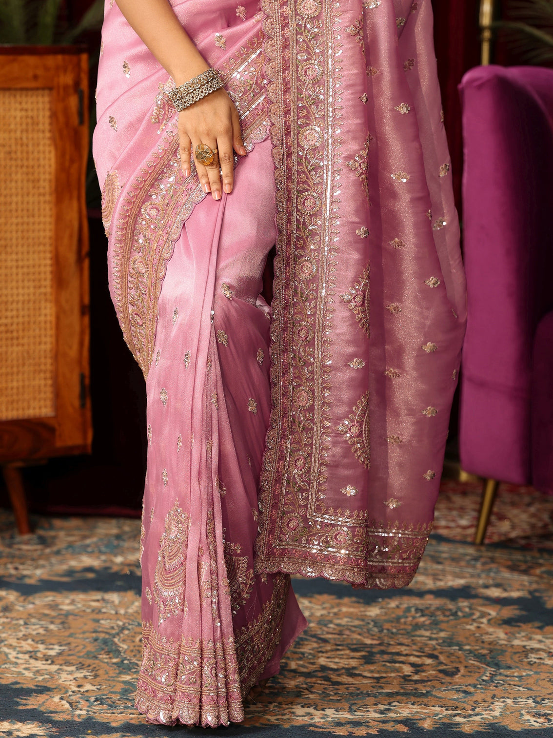 Mameraa Art Pink Sequin Embellished Tissue Saree
