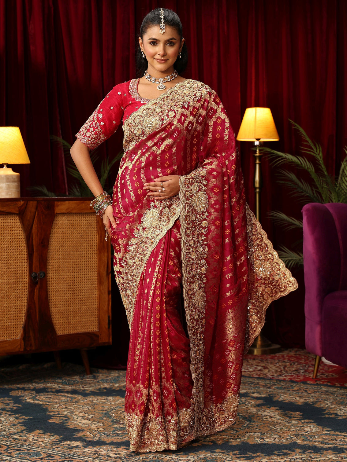 Mameraa Art Vermillion Red Woven Design Silk Blend Saree with Embellished Border