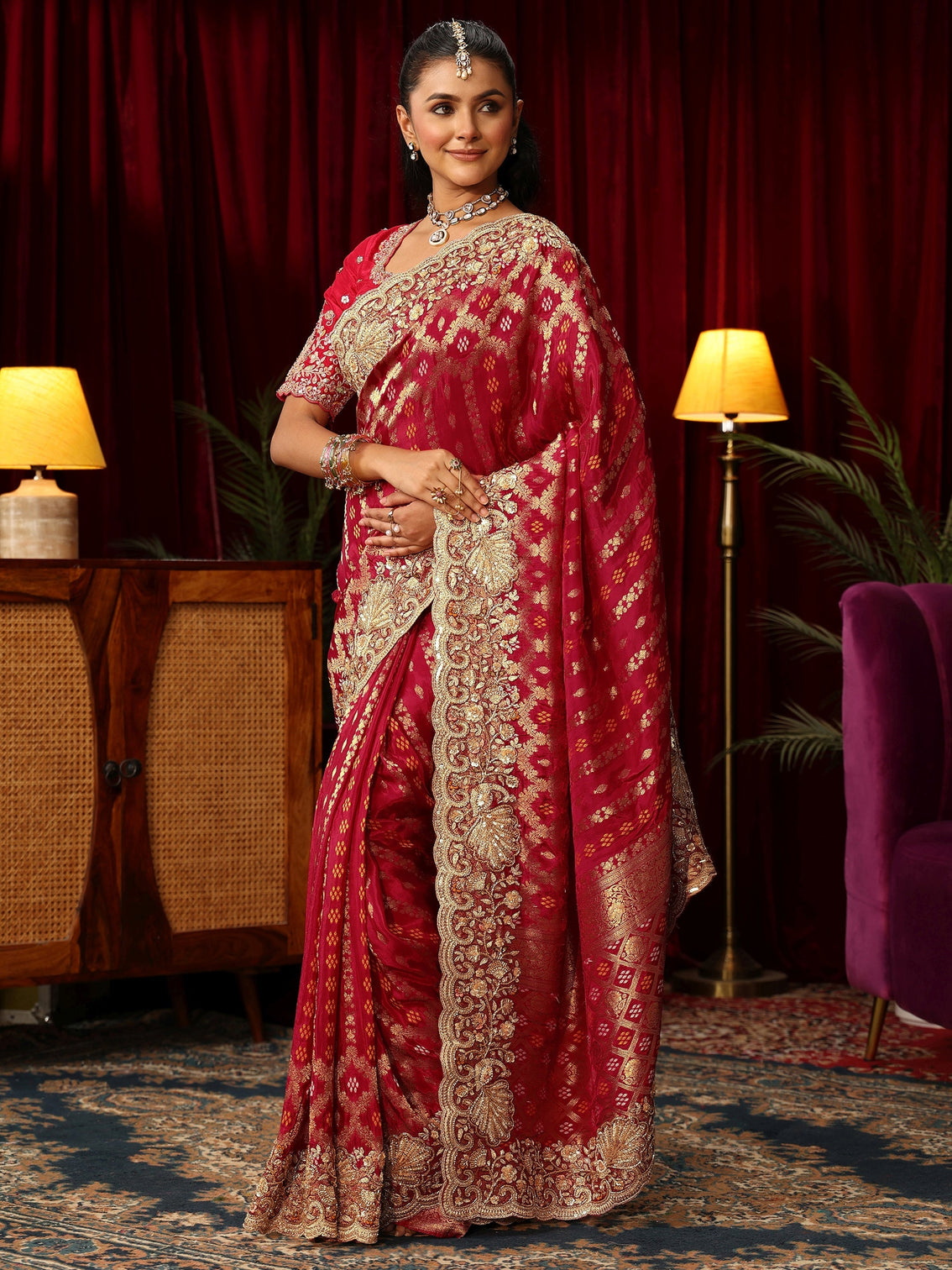 Mameraa Art Vermillion Red Woven Design Silk Blend Saree with Embellished Border