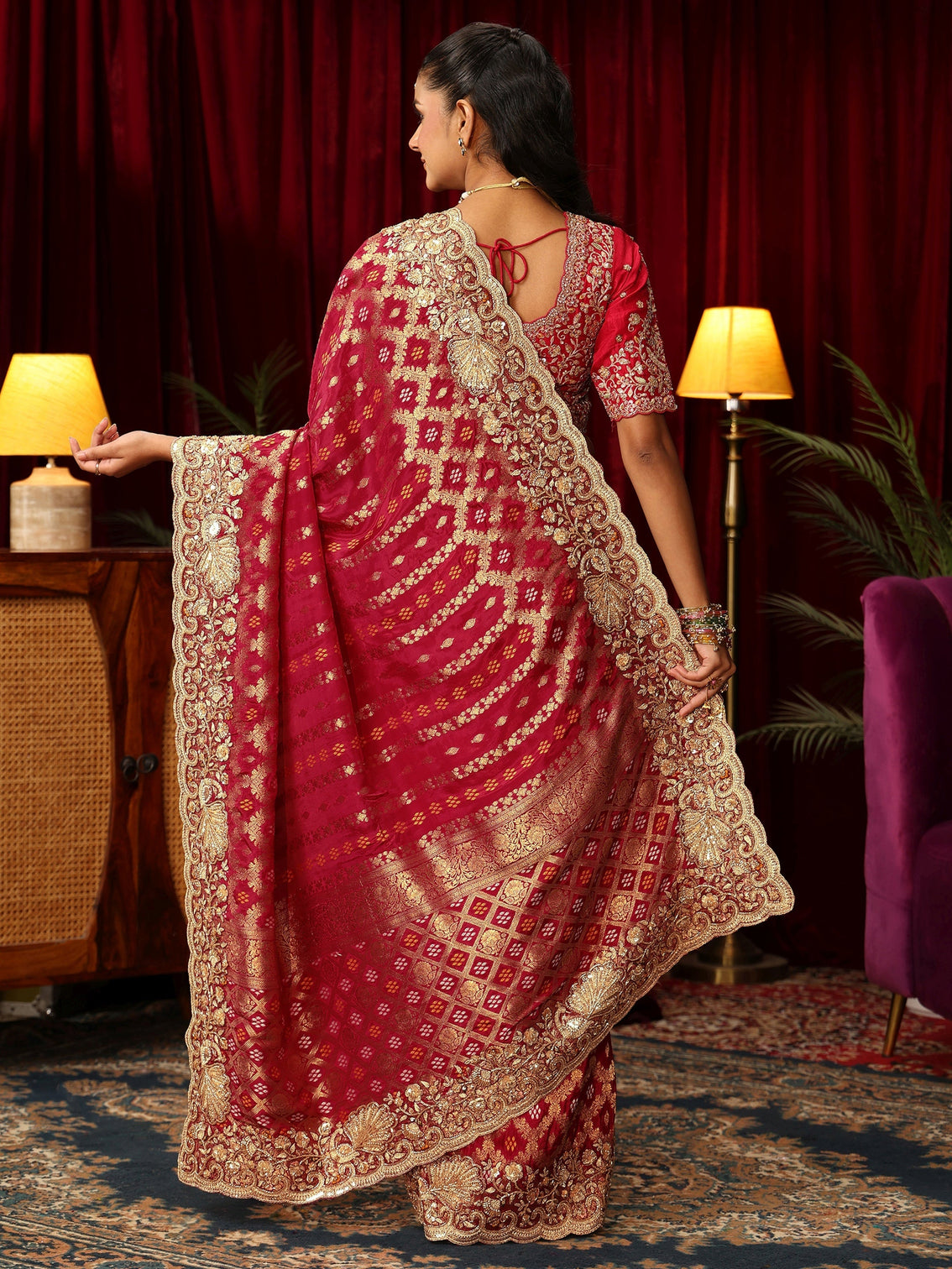 Mameraa Art Vermillion Red Woven Design Silk Blend Saree with Embellished Border