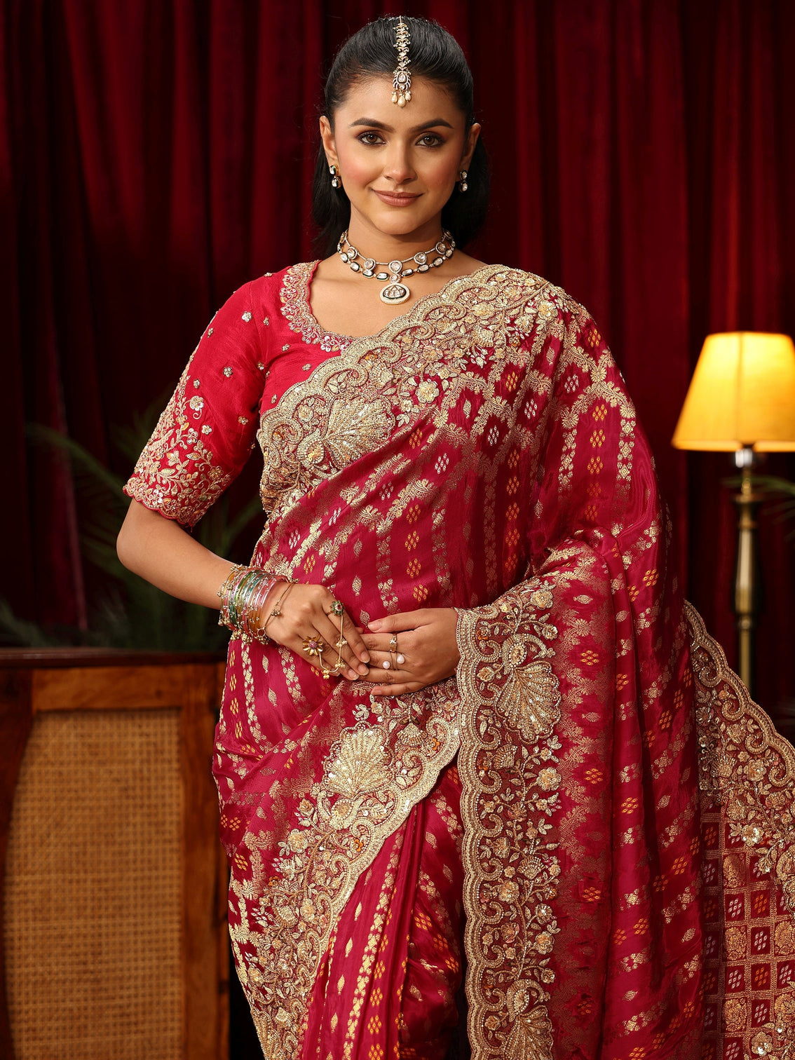 Mameraa Art Vermillion Red Woven Design Silk Blend Saree with Embellished Border
