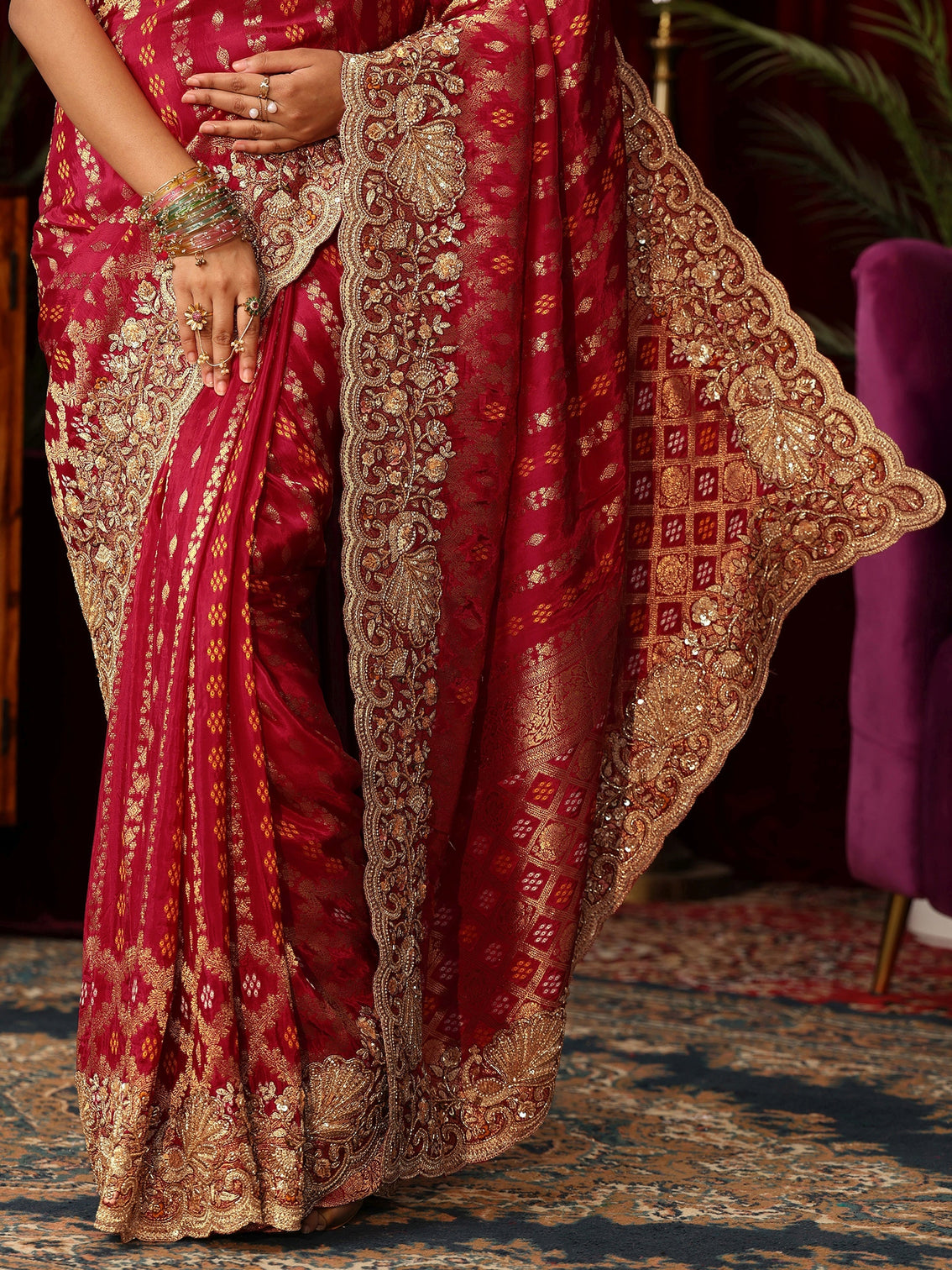 Mameraa Art Vermillion Red Woven Design Silk Blend Saree with Embellished Border