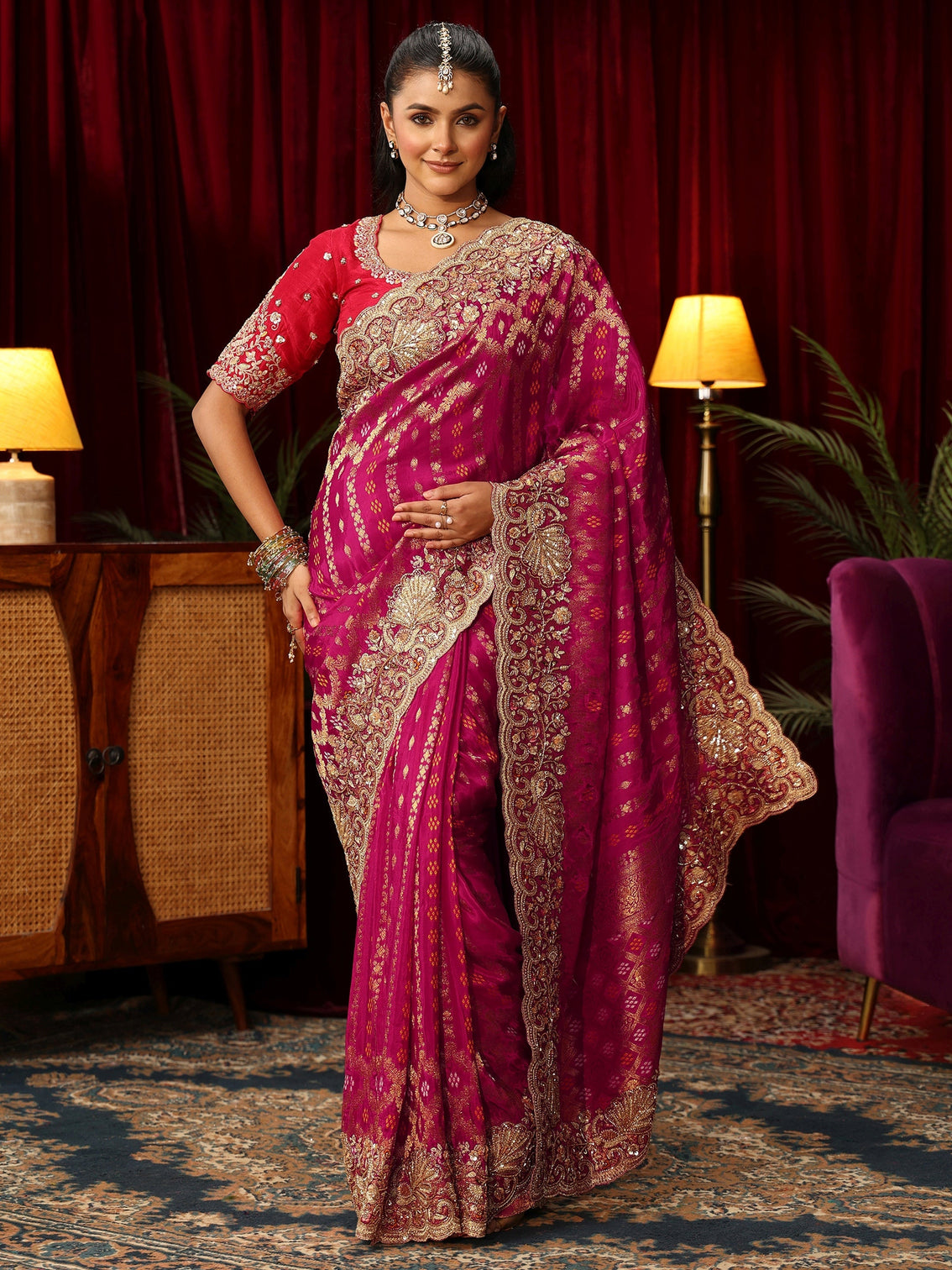 Mameraa Art Pink Woven Design Silk Blend Saree with Embellished Border