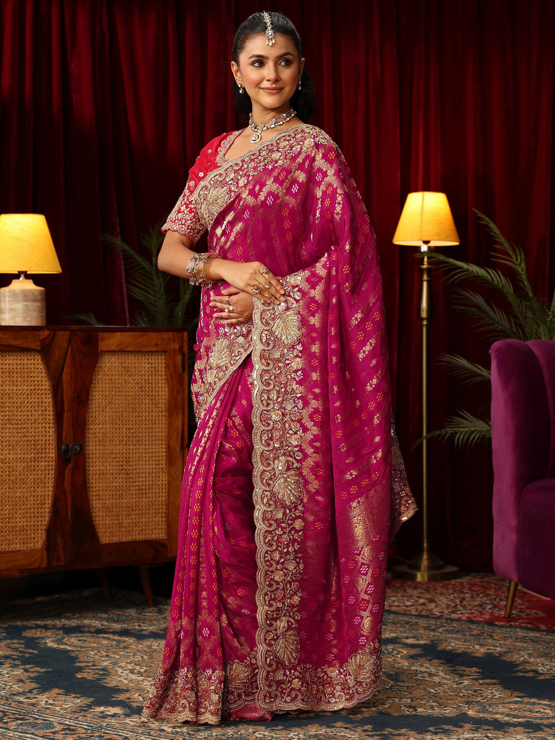 Mameraa Art Pink Woven Design Silk Blend Saree with Embellished Border