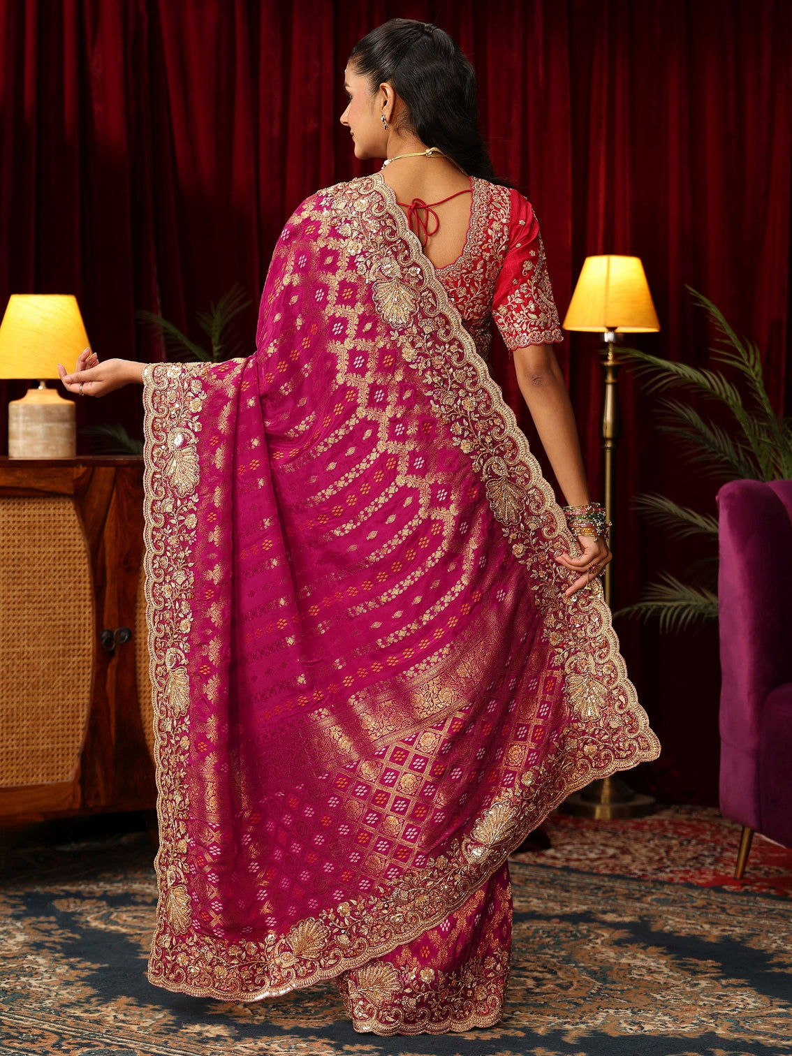 Mameraa Art Pink Woven Design Silk Blend Saree with Embellished Border