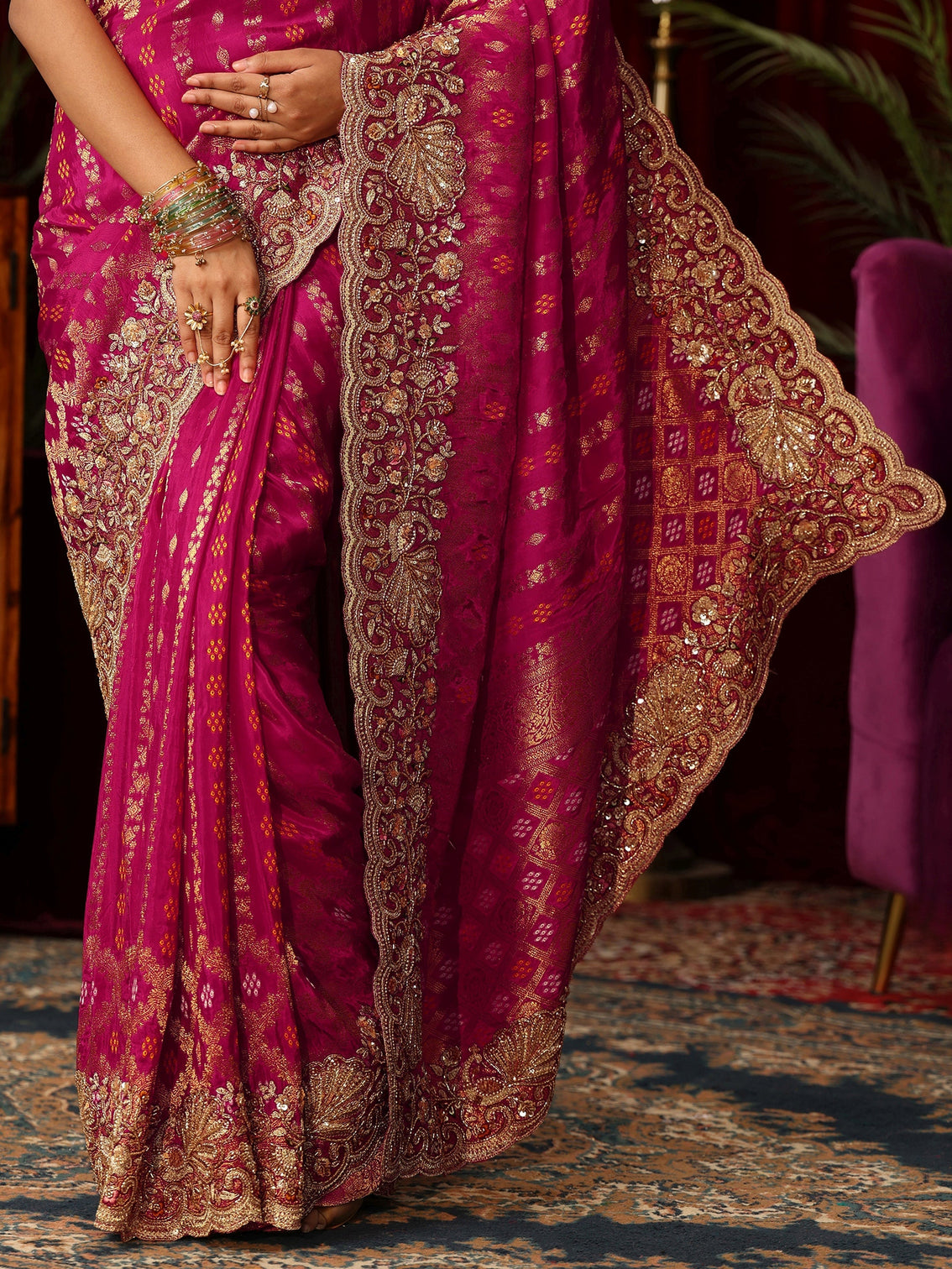 Mameraa Art Pink Woven Design Silk Blend Saree with Embellished Border