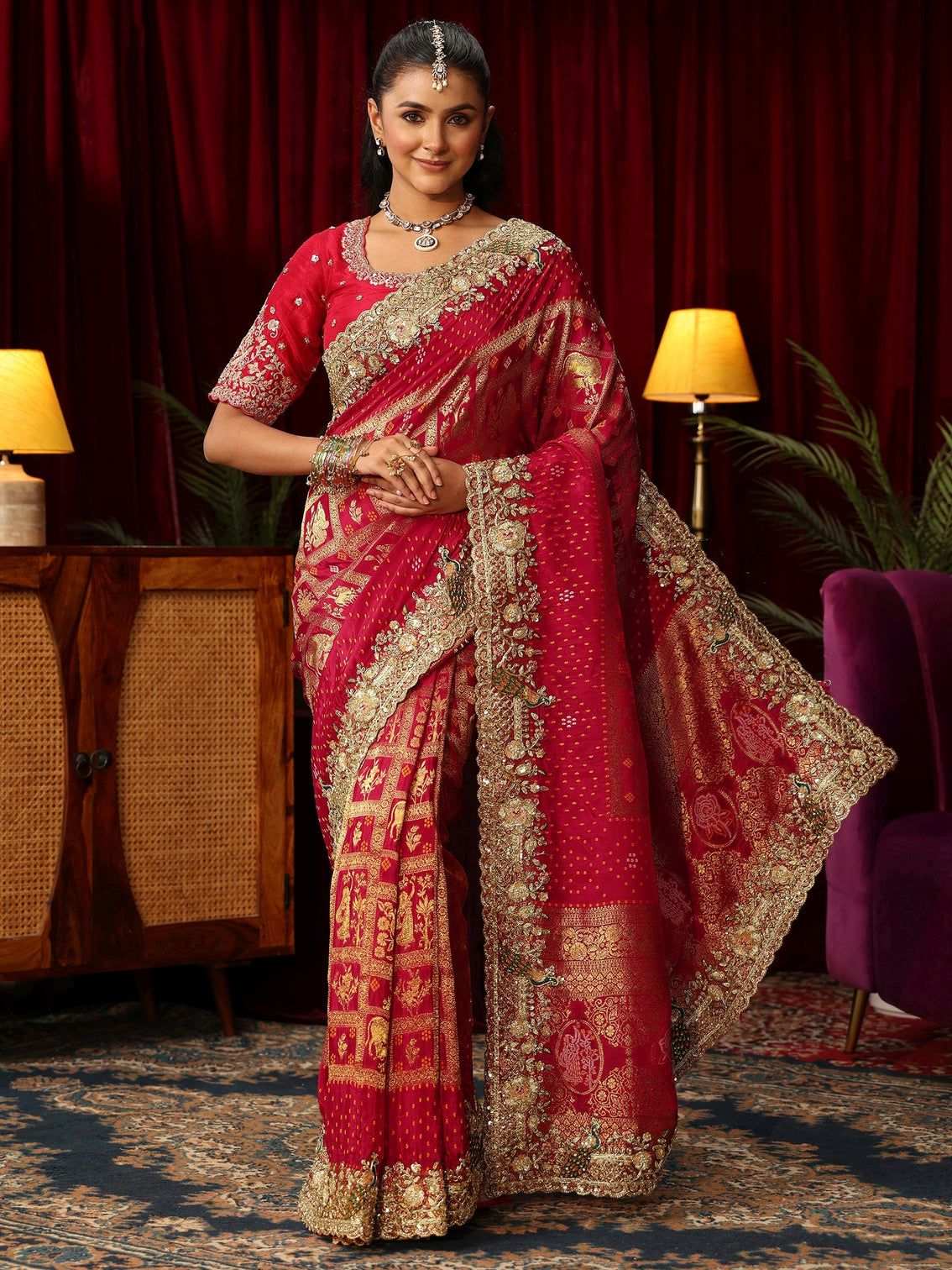 Mameraa Art Red Gharchola Woven Design Silk Blend Saree