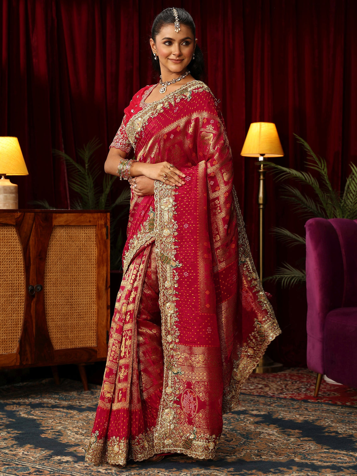 Mameraa Art Red Gharchola Woven Design Silk Blend Saree
