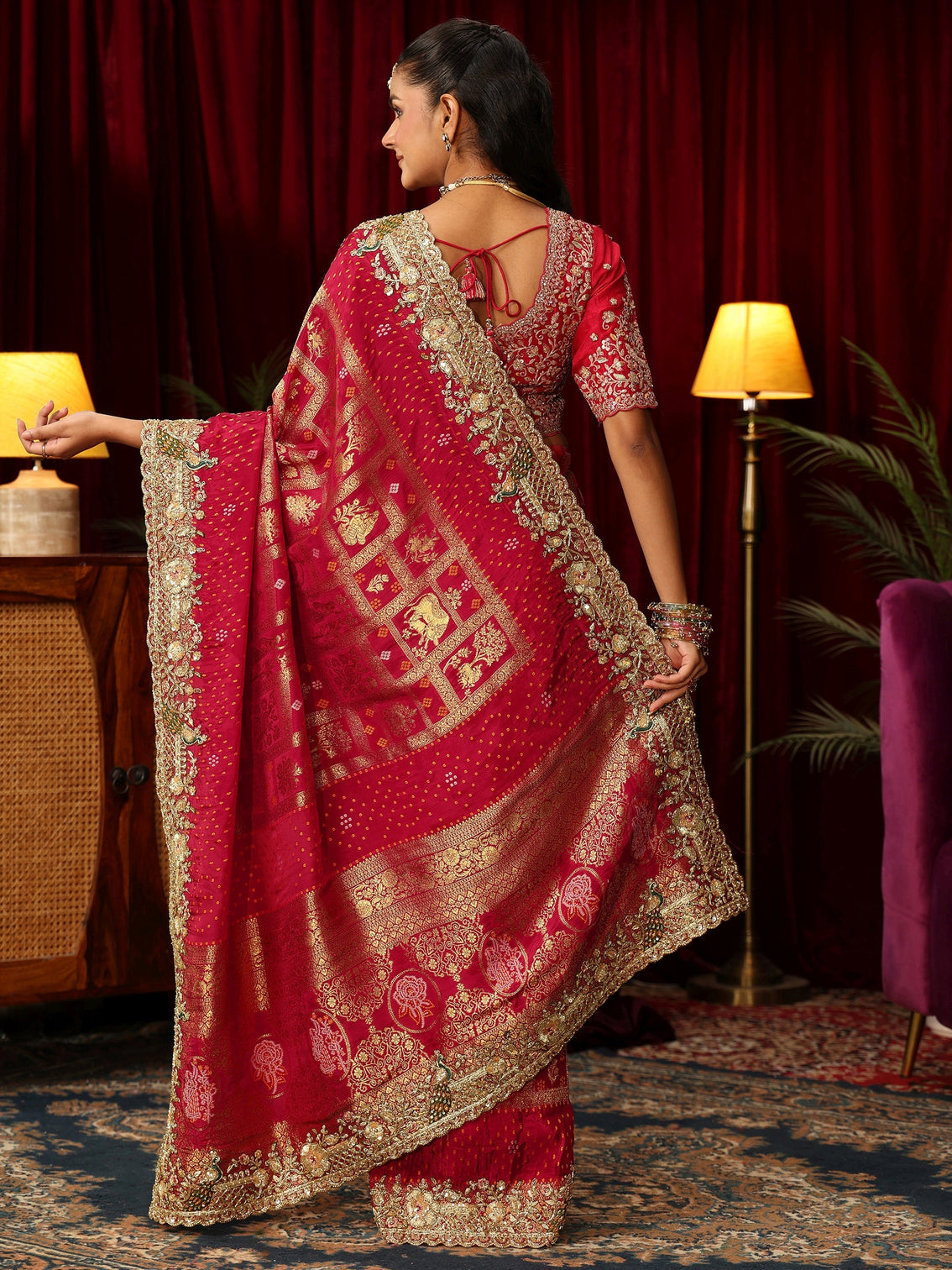 Mameraa Art Red Gharchola Woven Design Silk Blend Saree