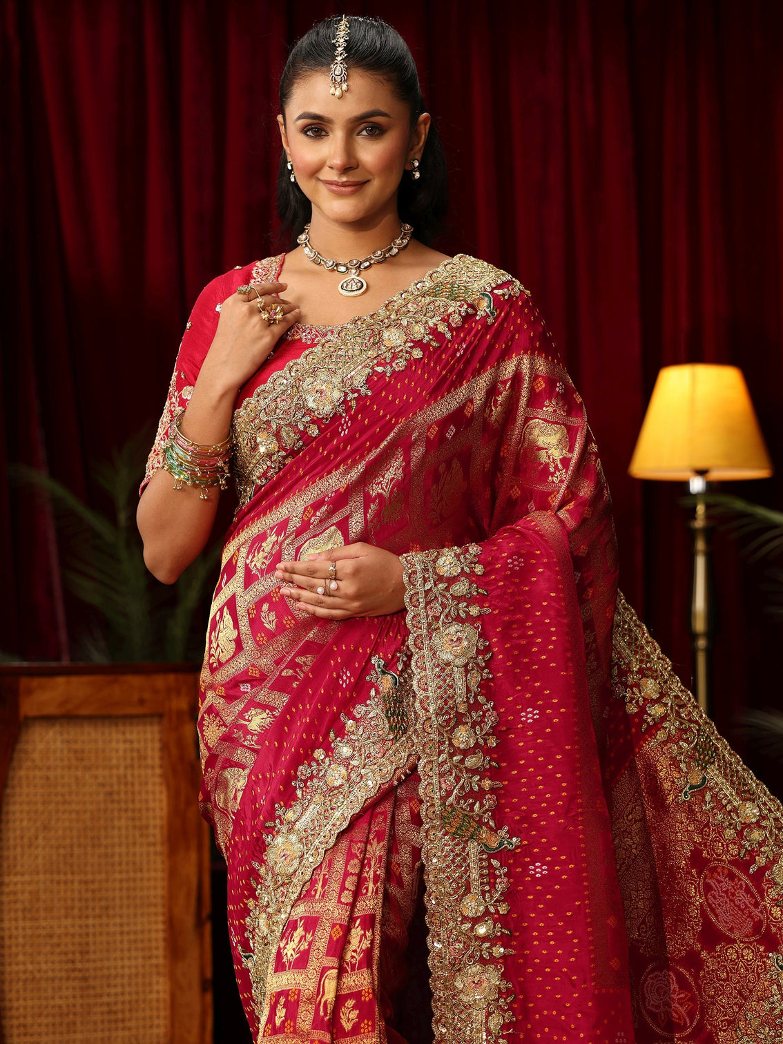 Mameraa Art Red Gharchola Woven Design Silk Blend Saree