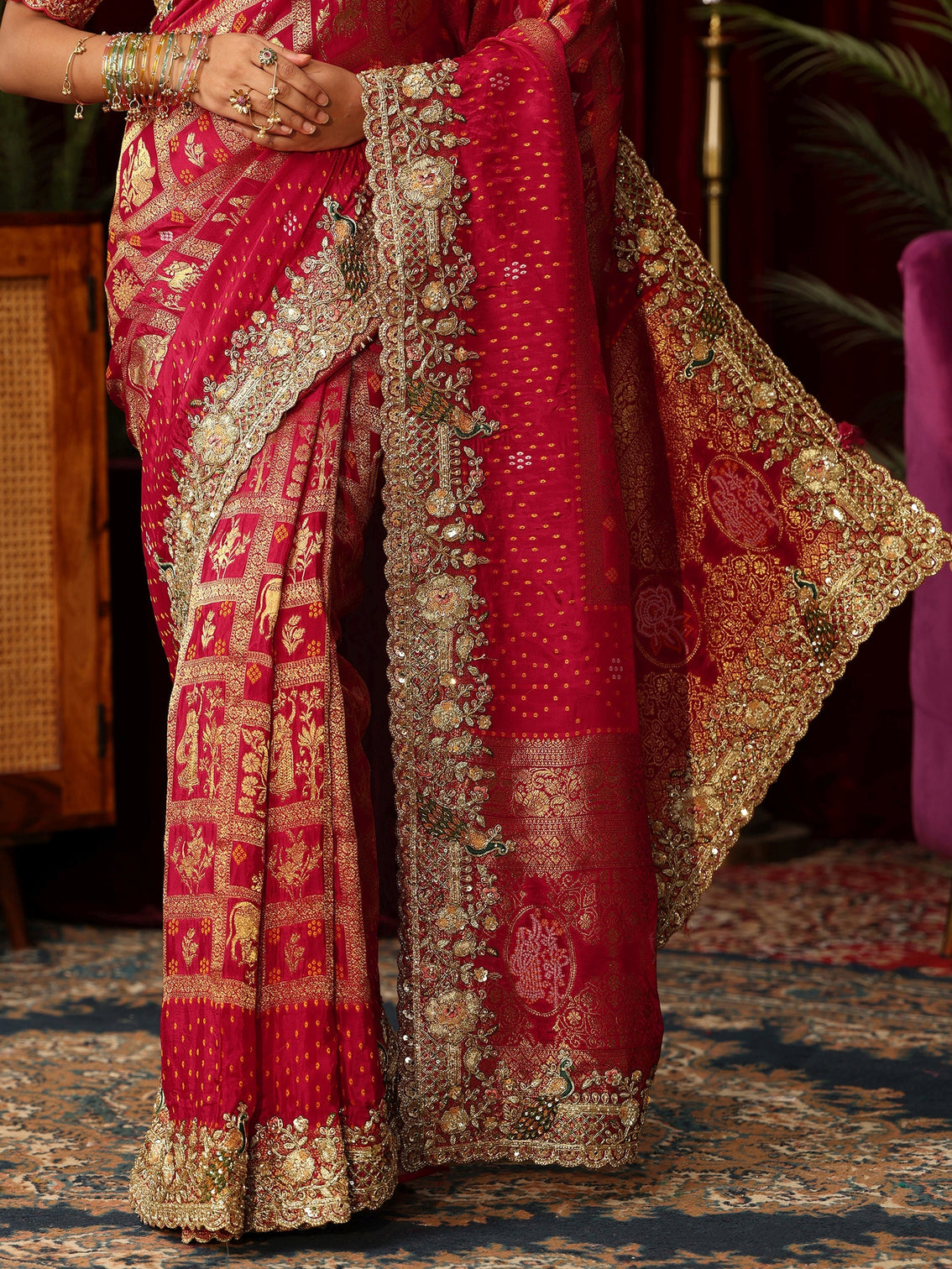 Mameraa Art Red Gharchola Woven Design Silk Blend Saree