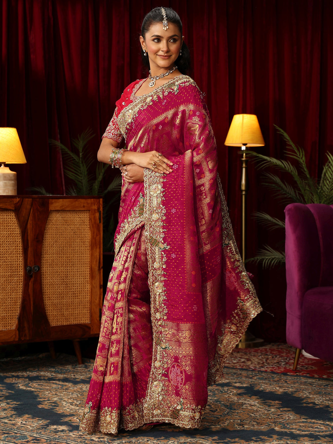 Mameraa Art Pink Gharchola Woven Design Silk Blend Saree with Embellished Border