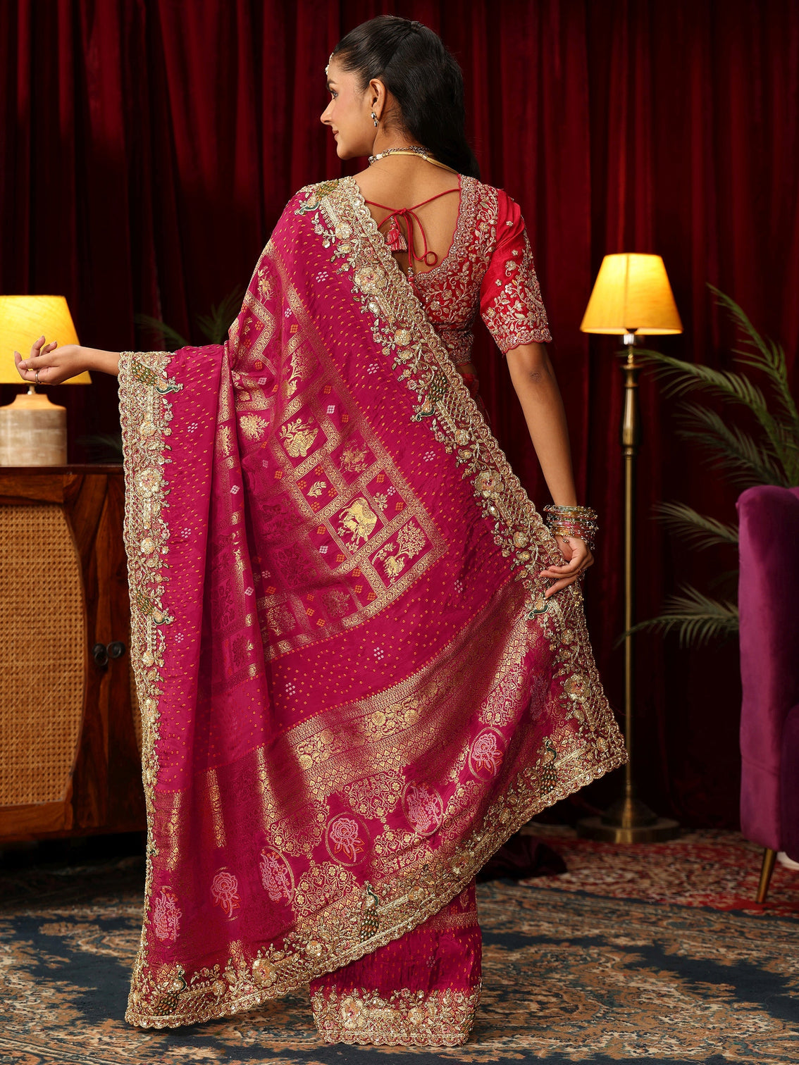 Mameraa Art Pink Gharchola Woven Design Silk Blend Saree with Embellished Border