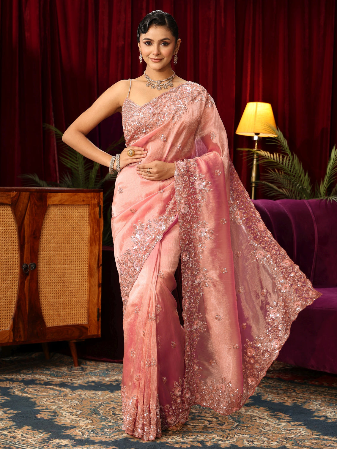Mameraa Art Pink Floral Sequin Embellished Tissue Saree