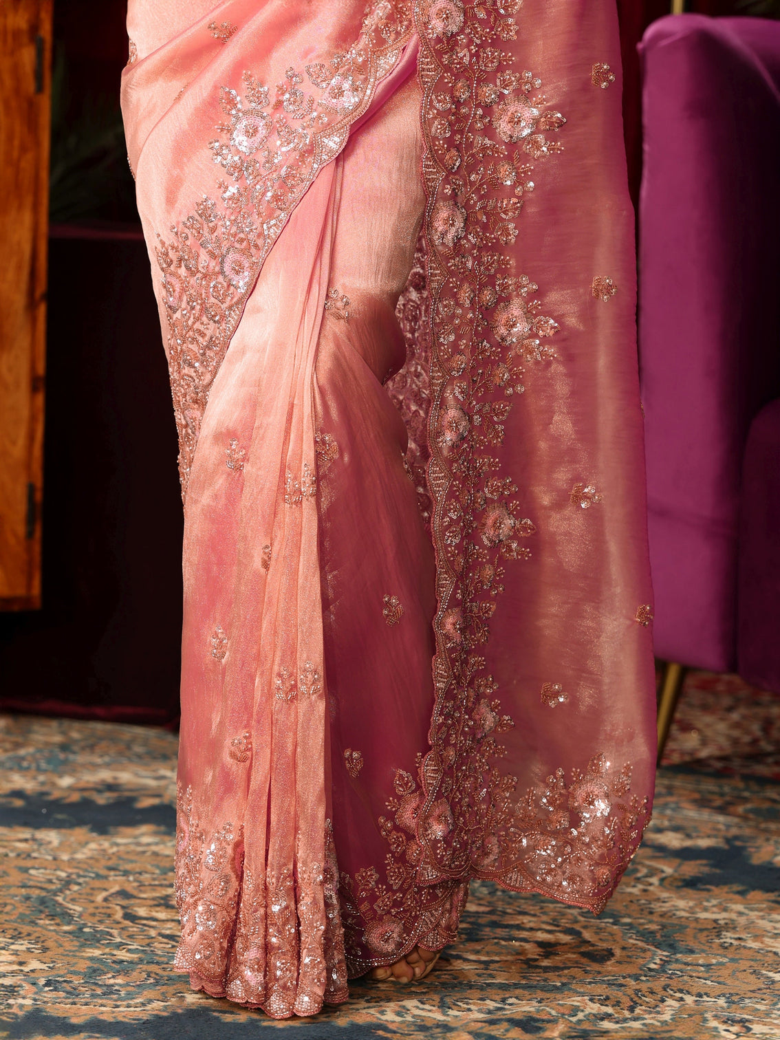 Mameraa Art Pink Floral Sequin Embellished Tissue Saree