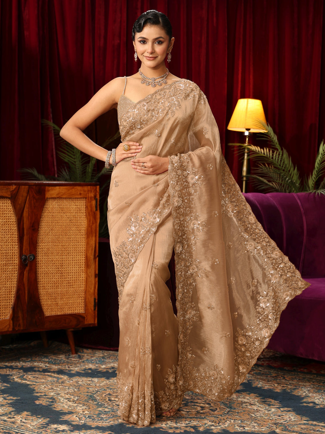 Mameraa Art Golden Floral Sequin Embellished Tissue Saree