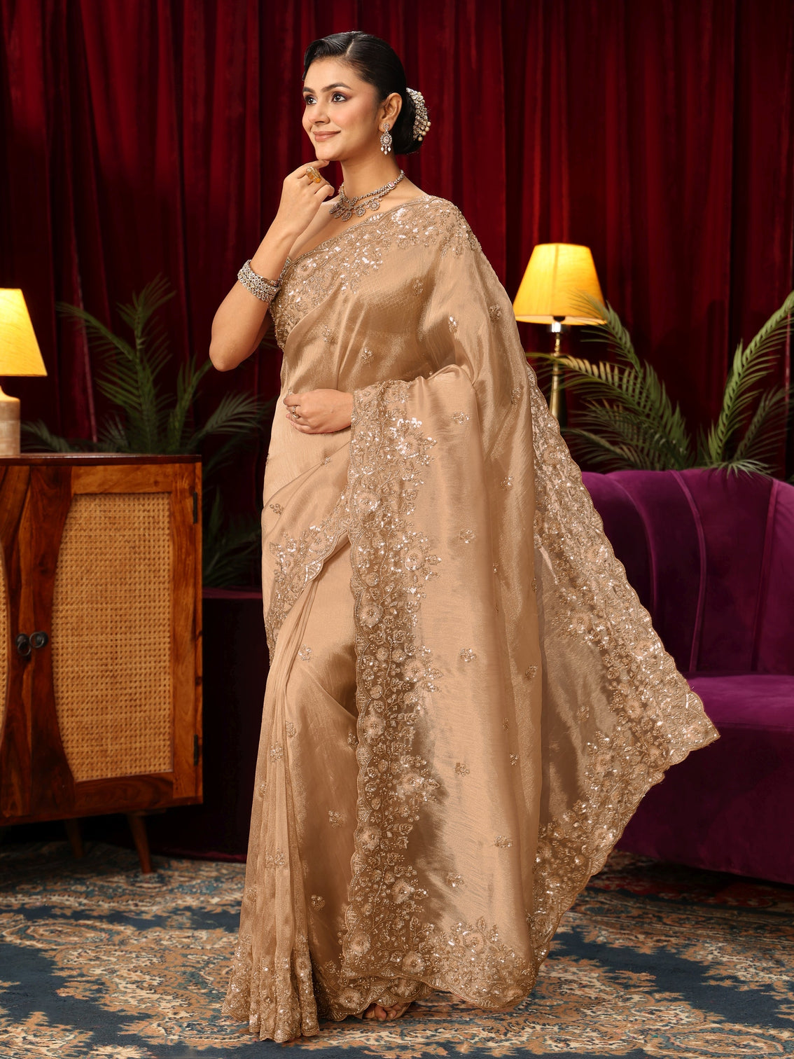 Mameraa Art Golden Floral Sequin Embellished Tissue Saree