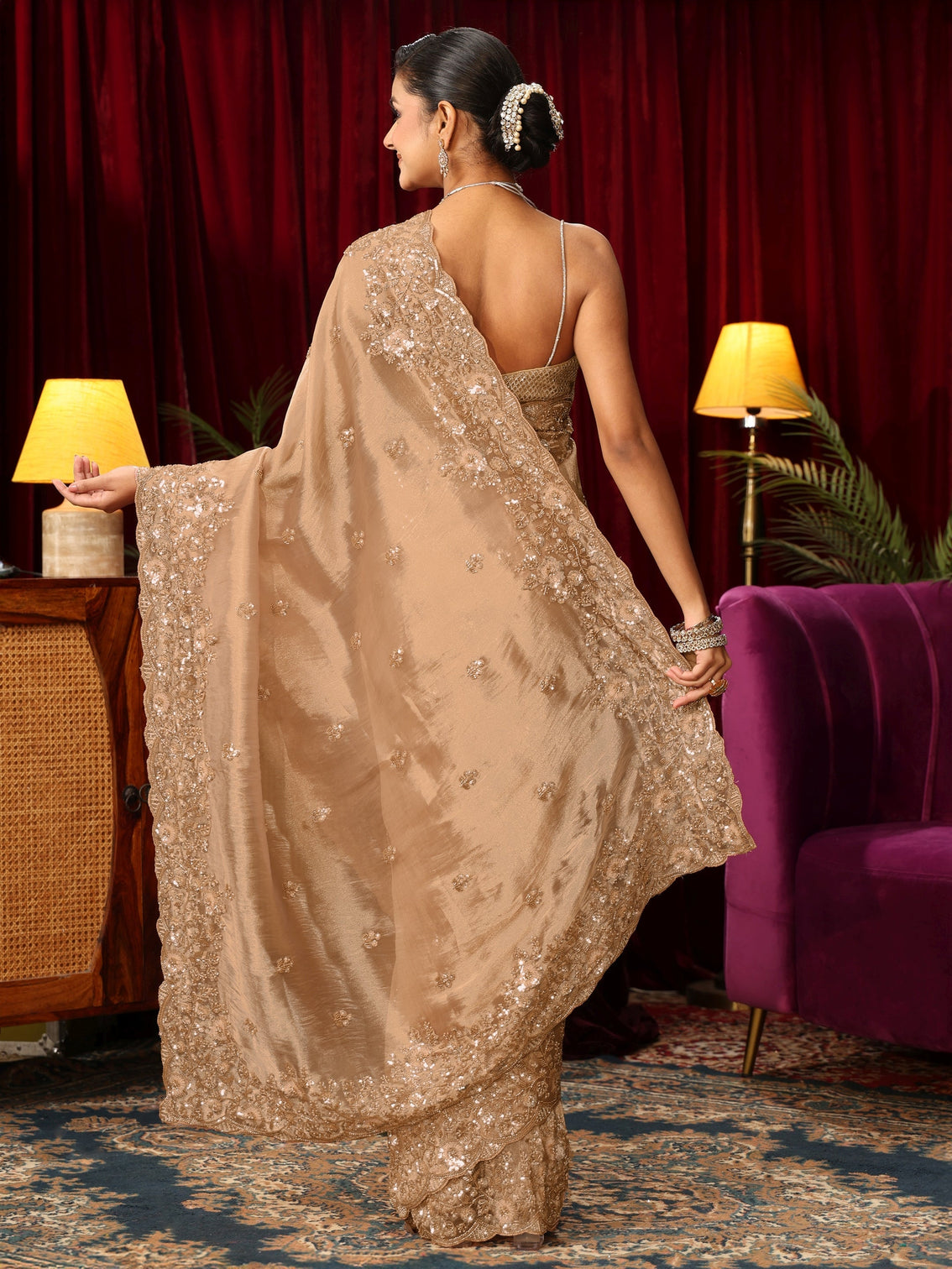 Mameraa Art Golden Floral Sequin Embellished Tissue Saree