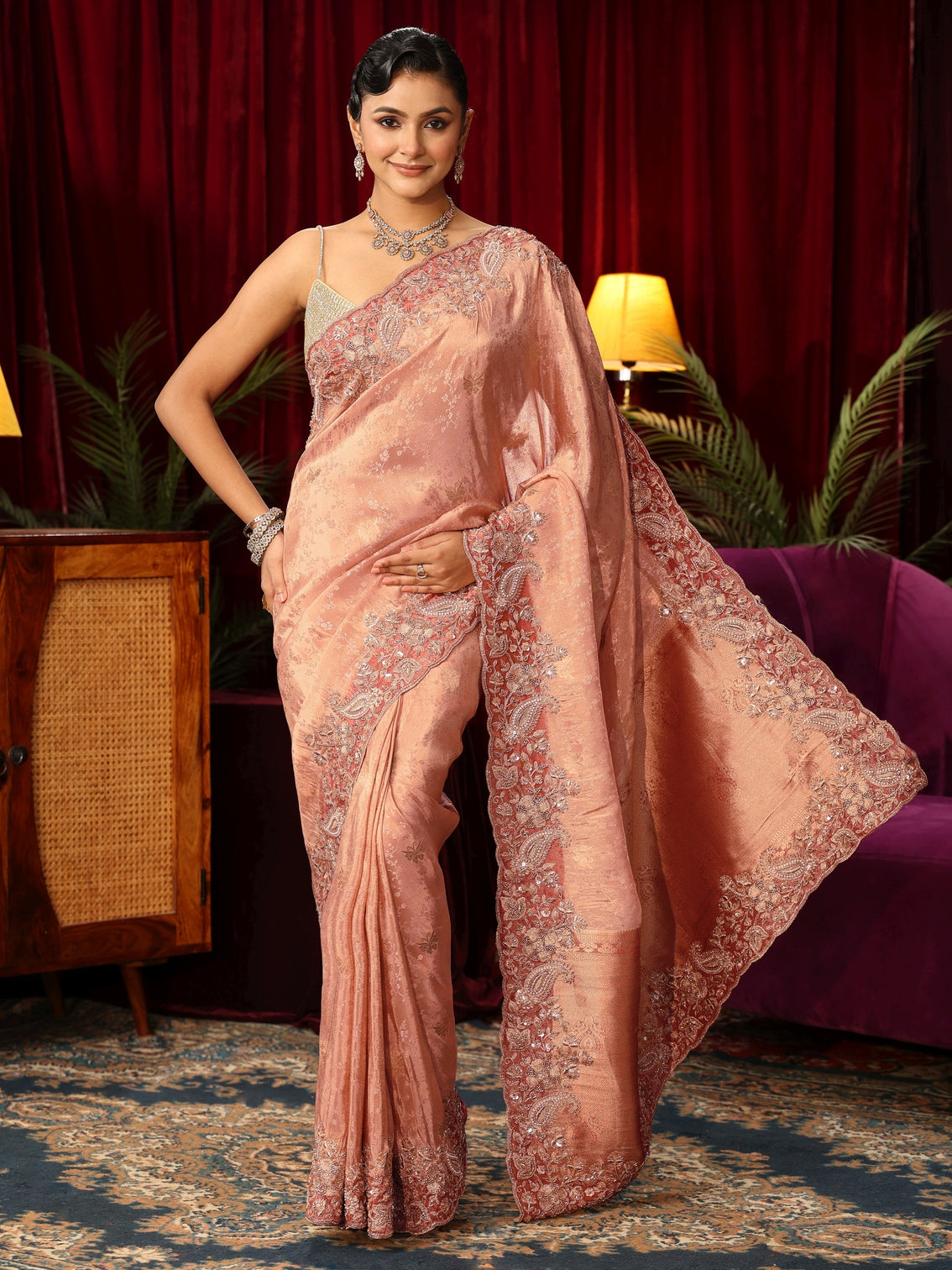 Mameraa Art Peach Silk Blend Saree with Bead Embellished Border