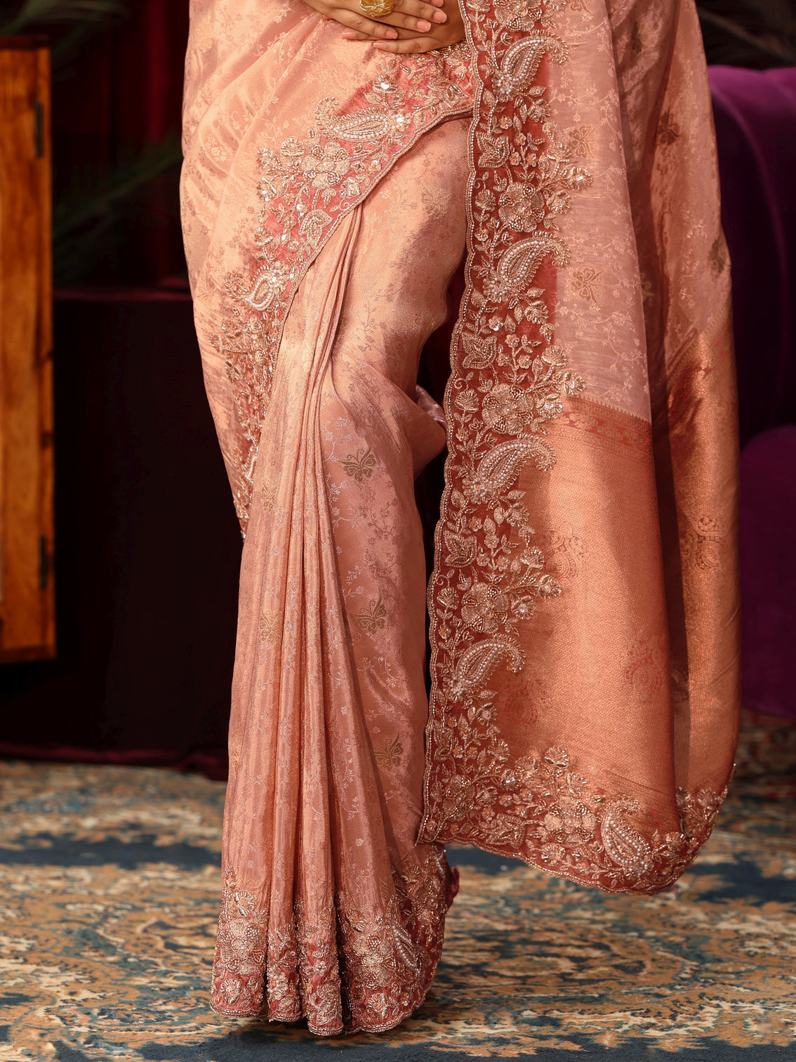 Mameraa Art Peach Silk Blend Saree with Bead Embellished Border