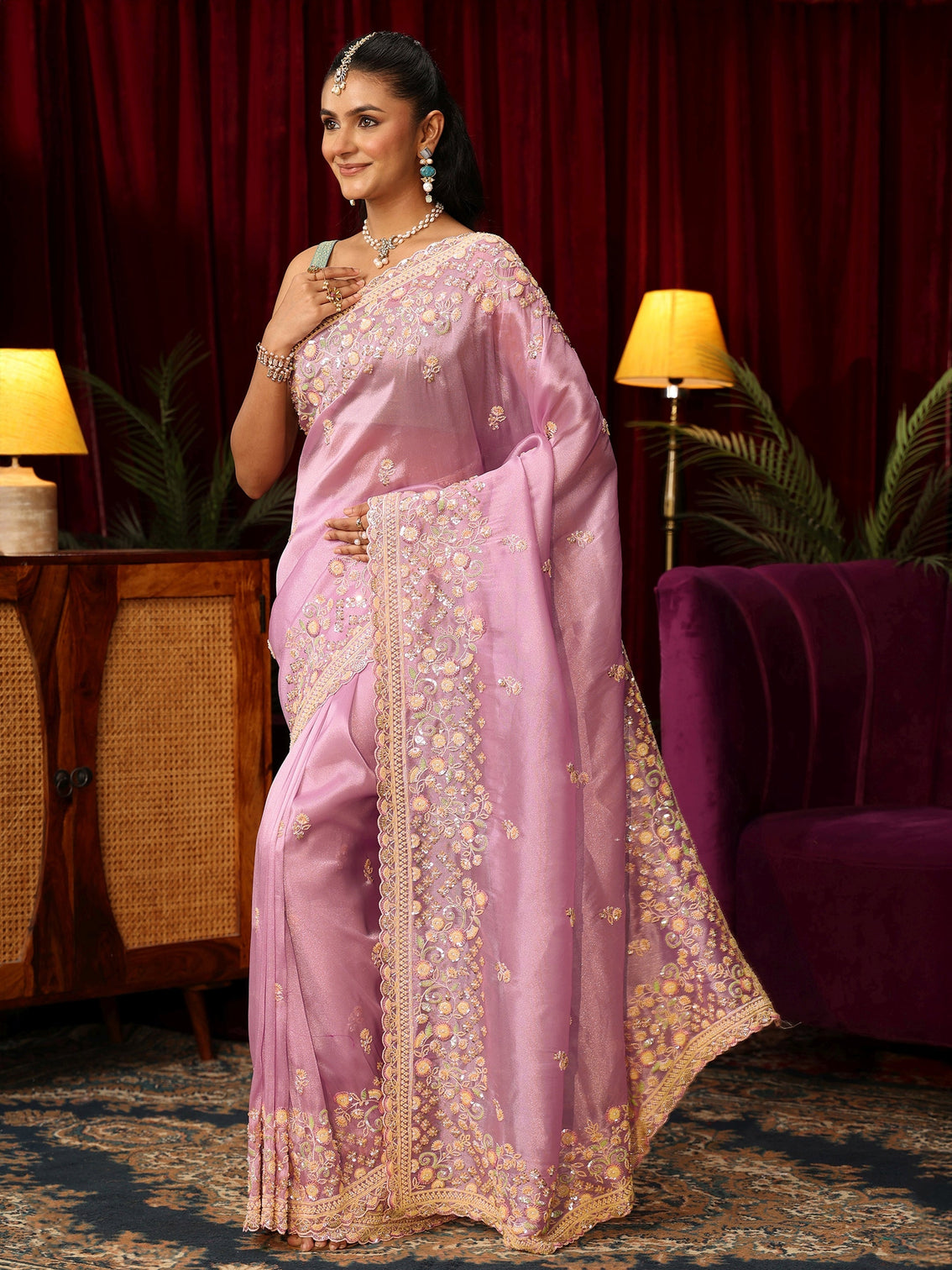 Mameraa Art Lavender Floral Bead and Sequin Embellished Tissue Saree