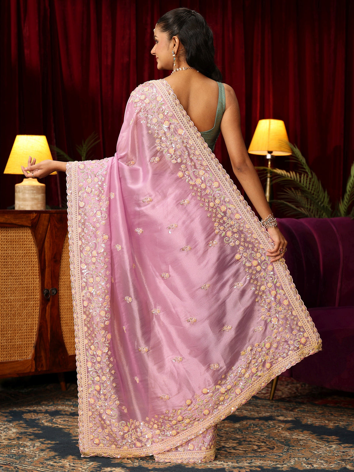 Mameraa Art Lavender Floral Bead and Sequin Embellished Tissue Saree