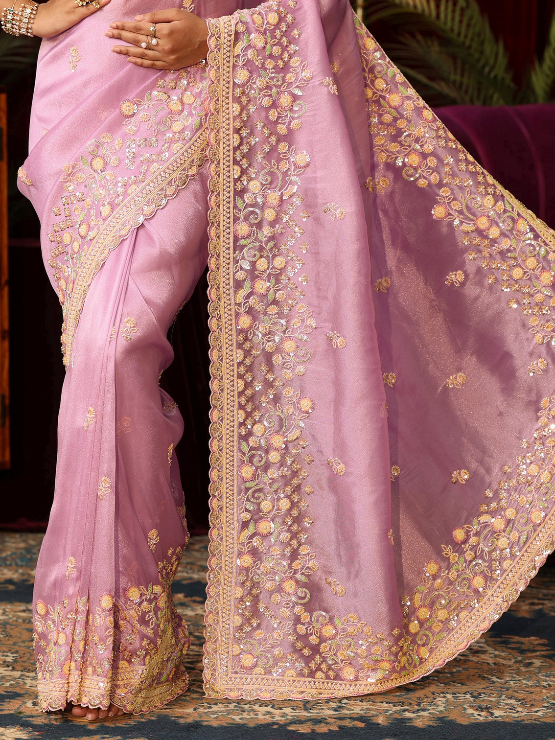 Mameraa Art Lavender Floral Bead and Sequin Embellished Tissue Saree