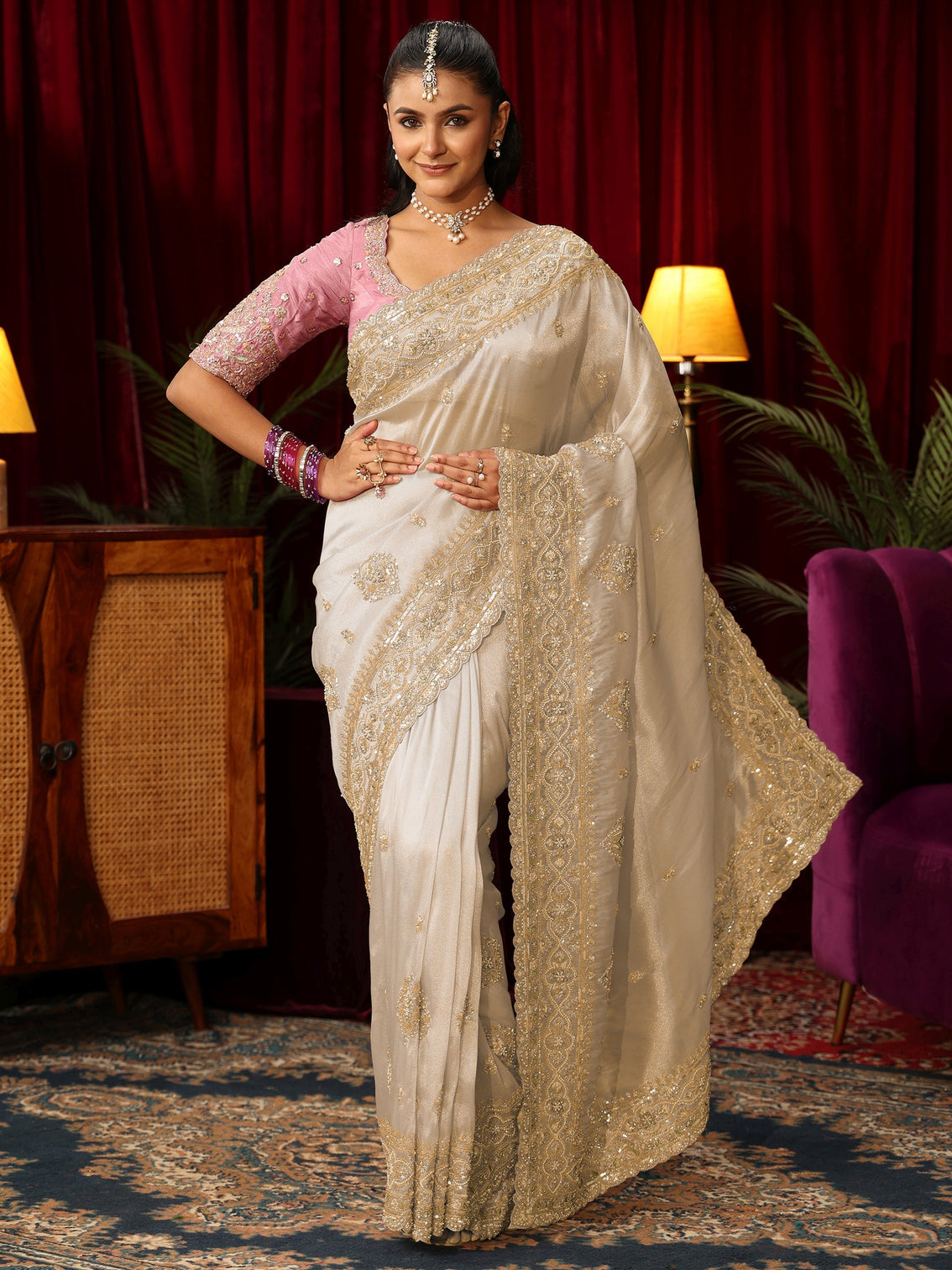 Mameraa Art Cream Floral Bead and Sequin Embellished Tissue Saree