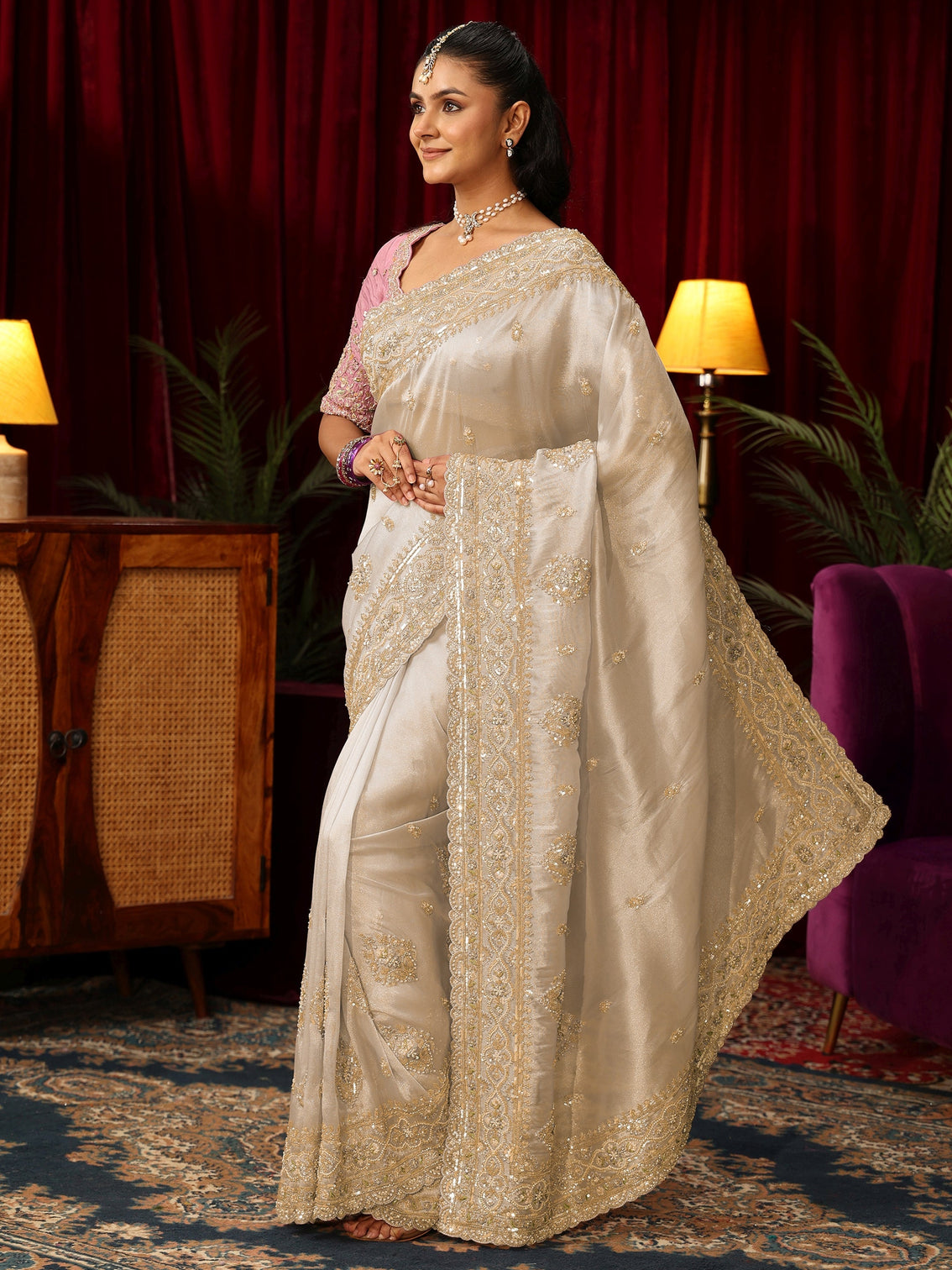 Mameraa Art Cream Floral Bead and Sequin Embellished Tissue Saree
