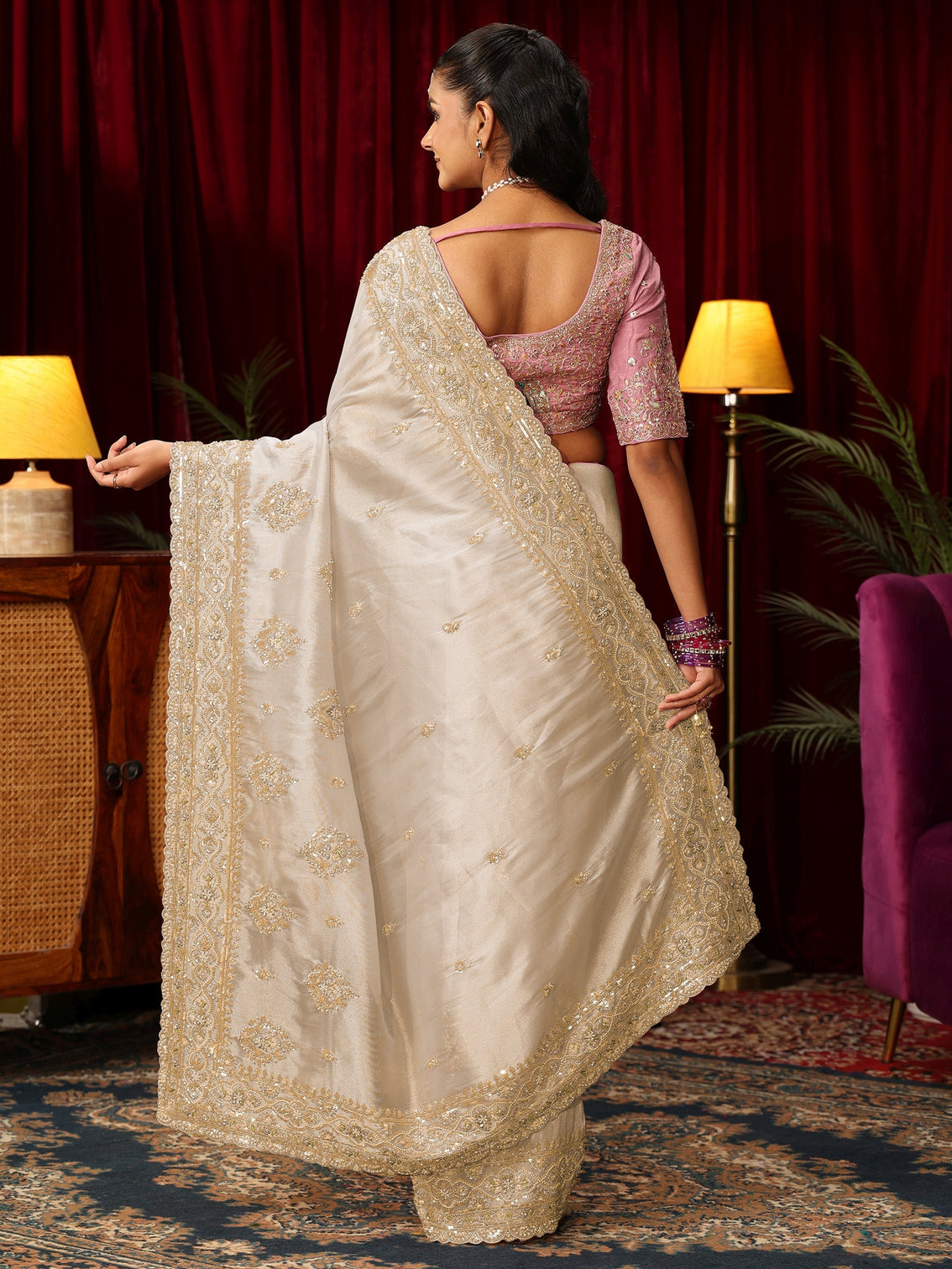 Mameraa Art Cream Floral Bead and Sequin Embellished Tissue Saree
