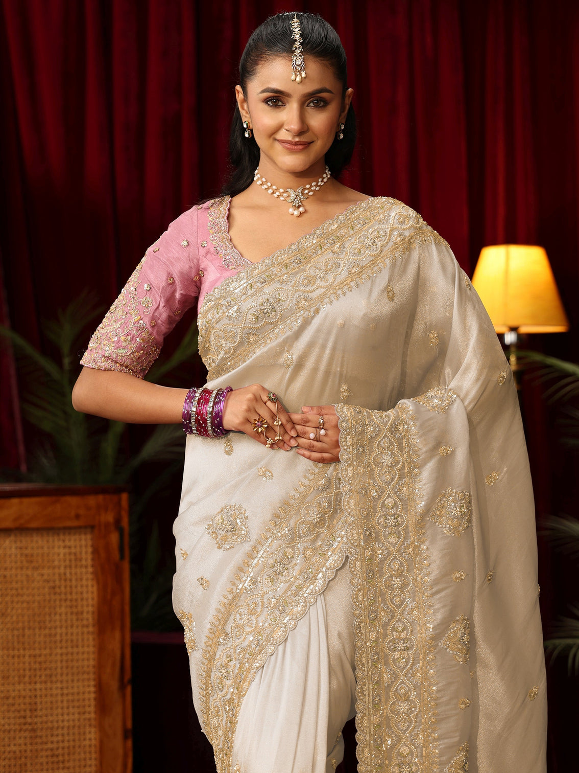 Mameraa Art Cream Floral Bead and Sequin Embellished Tissue Saree