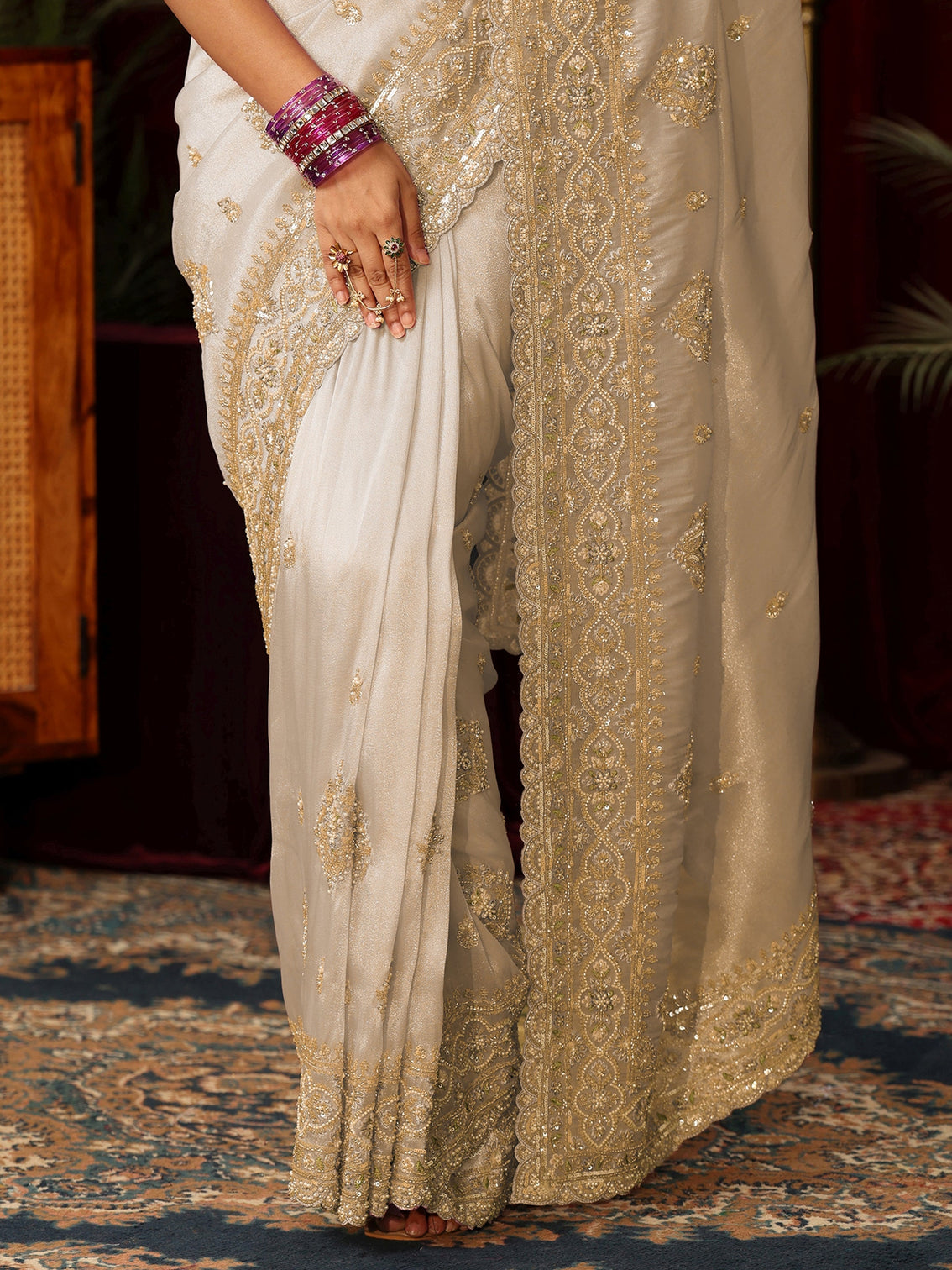 Mameraa Art Cream Floral Bead and Sequin Embellished Tissue Saree