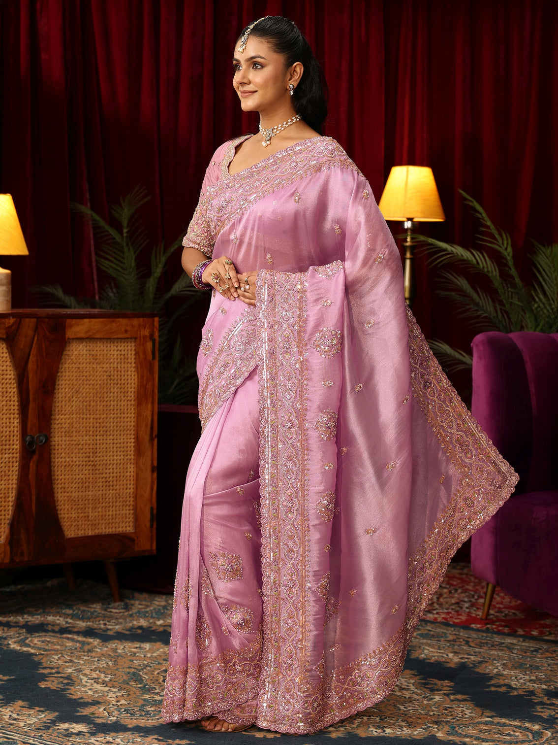 Mameraa Art Lavender Floral Bead and Sequin Embellished Tissue Saree