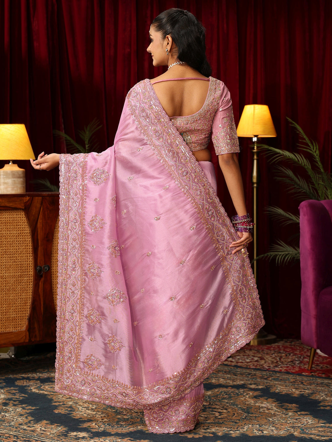 Mameraa Art Lavender Floral Bead and Sequin Embellished Tissue Saree