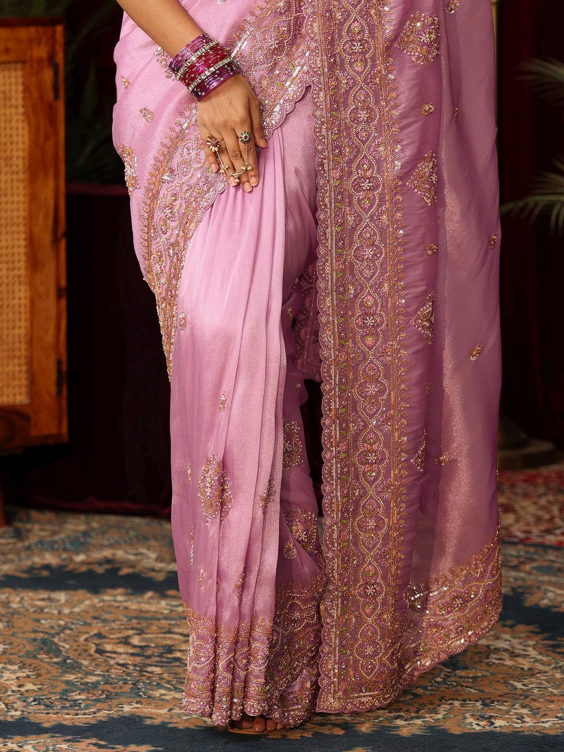 Mameraa Art Lavender Floral Bead and Sequin Embellished Tissue Saree