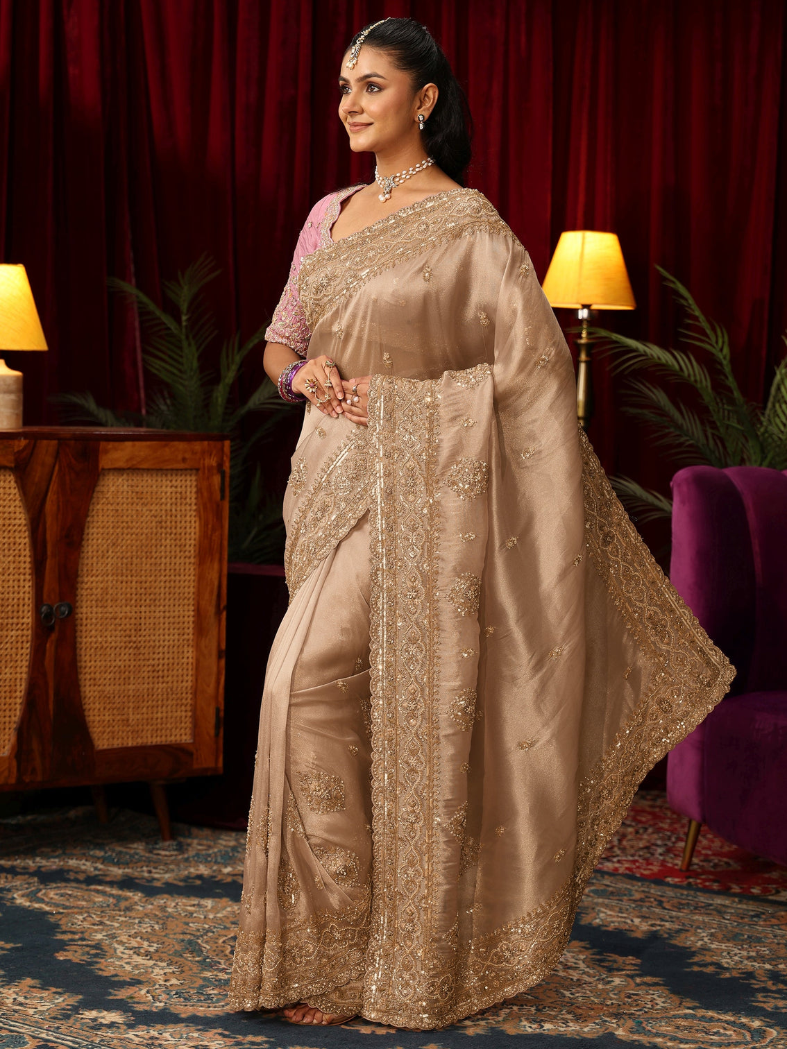 Mameraa Art Golden Floral Bead and Sequin Embellished Tissue Saree