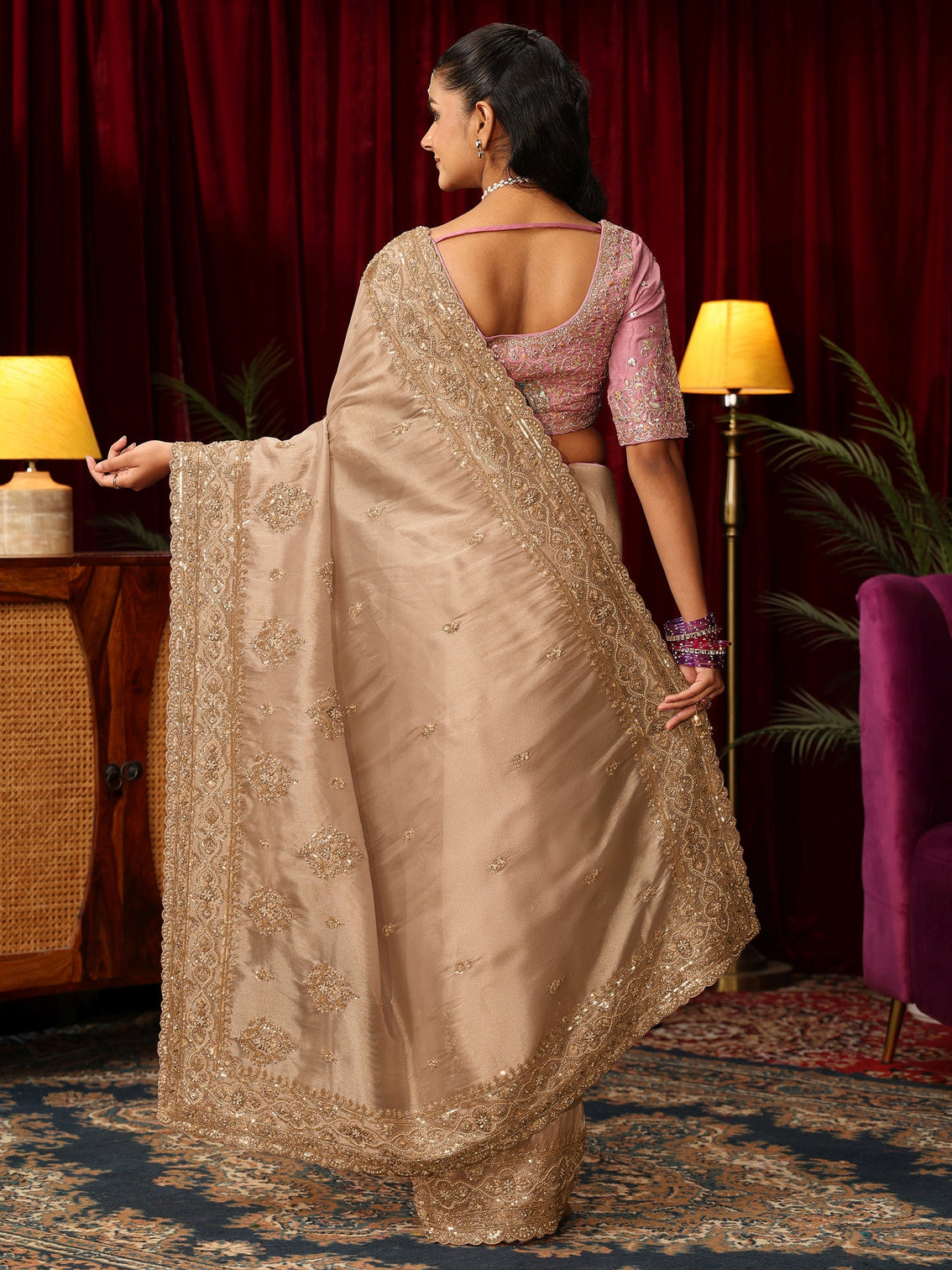 Mameraa Art Golden Floral Bead and Sequin Embellished Tissue Saree