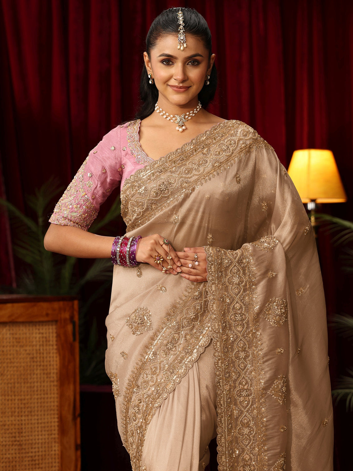 Mameraa Art Golden Floral Bead and Sequin Embellished Tissue Saree