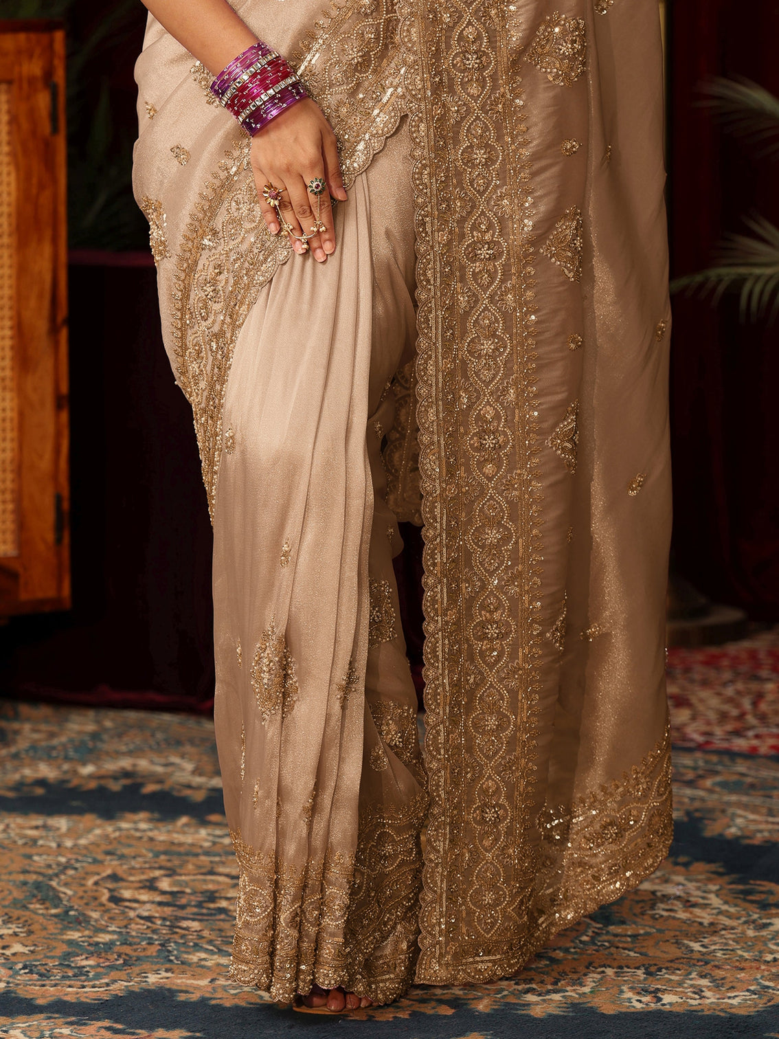 Mameraa Art Golden Floral Bead and Sequin Embellished Tissue Saree
