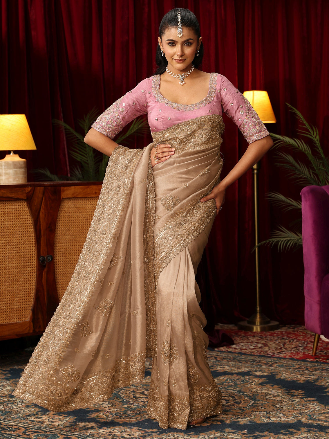 Mameraa Art Golden Floral Bead and Sequin Embellished Tissue Saree