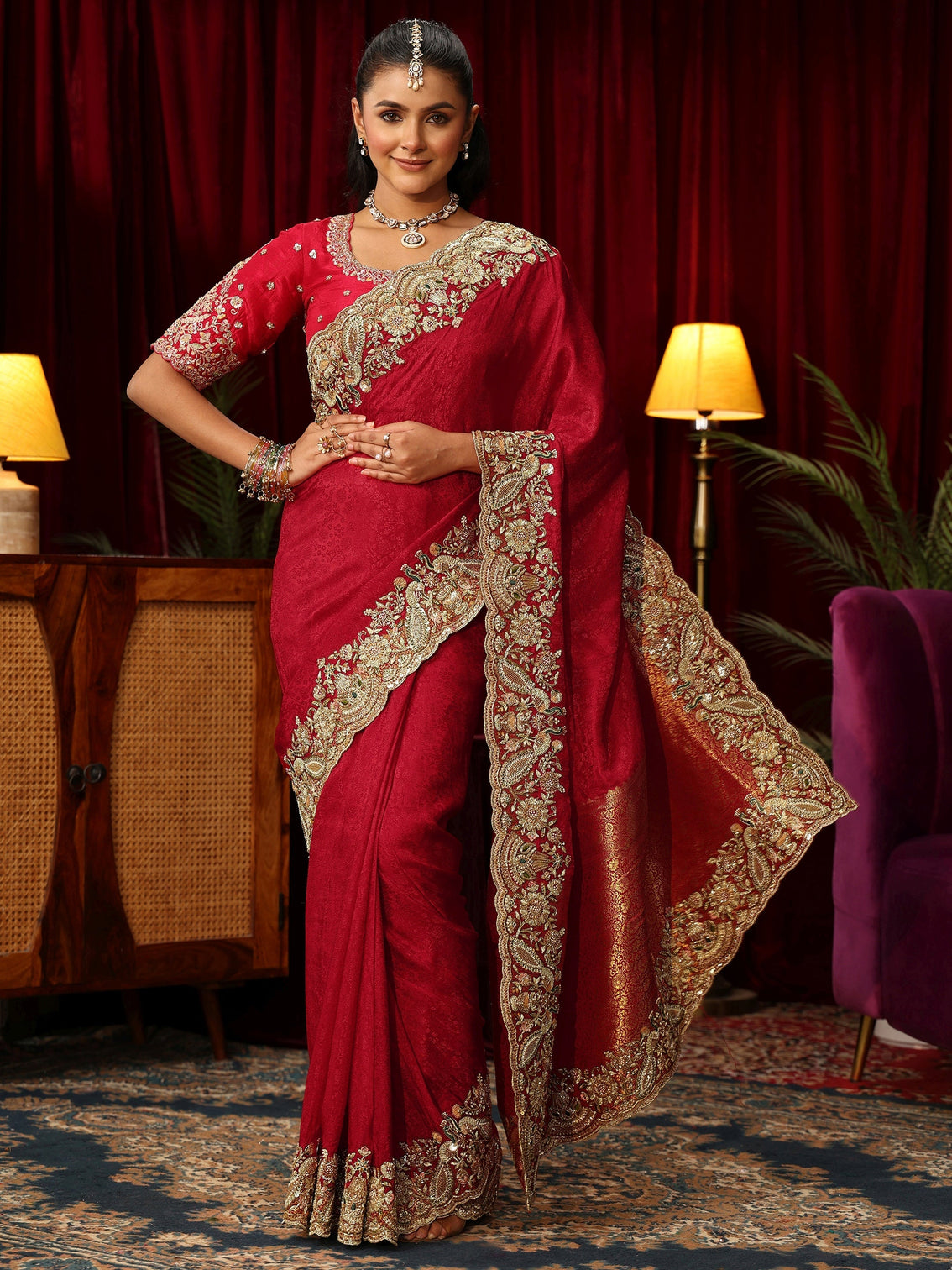 Mameraa Art Red Silk Blend Saree with Zari and Sequin Embellished Border