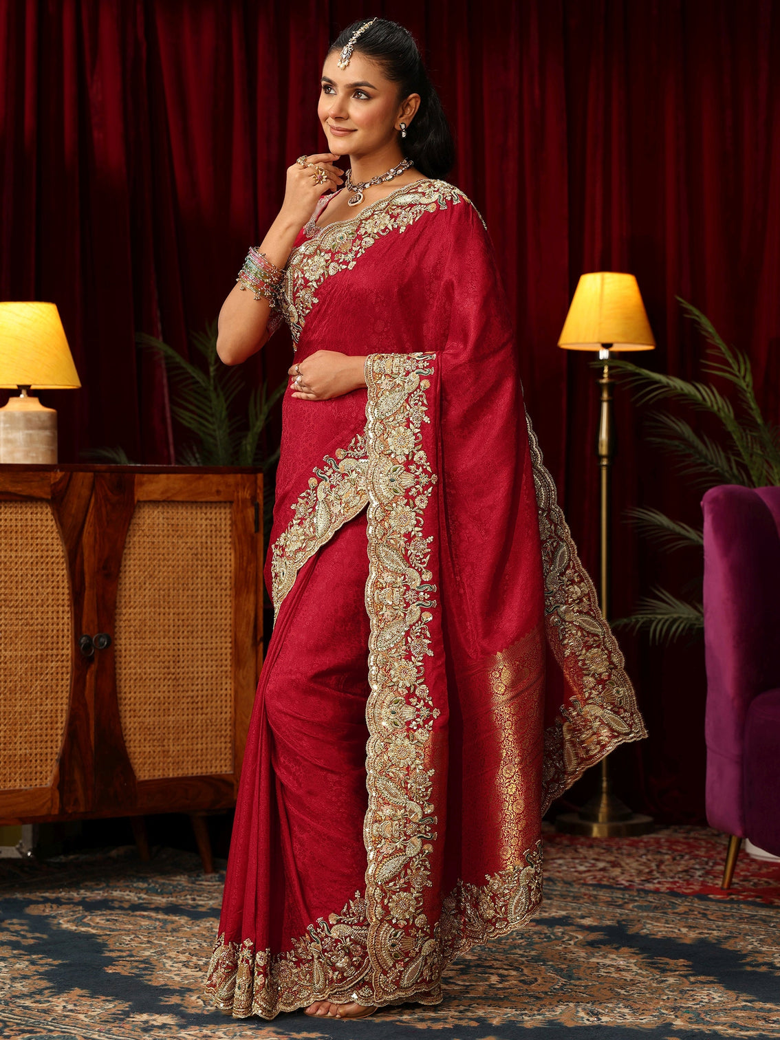 Mameraa Art Red Silk Blend Saree with Zari and Sequin Embellished Border