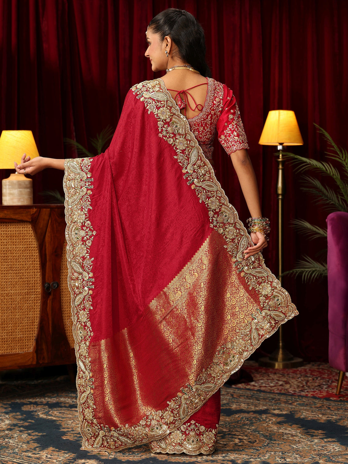 Mameraa Art Red Silk Blend Saree with Zari and Sequin Embellished Border