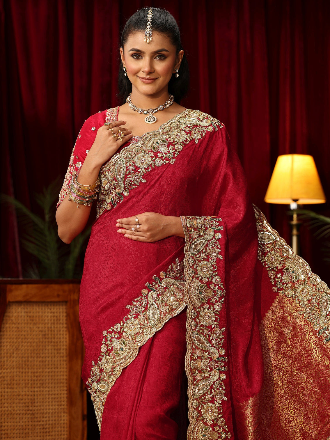 Mameraa Art Red Silk Blend Saree with Zari and Sequin Embellished Border