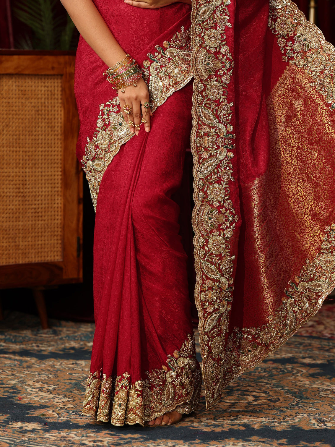 Mameraa Art Red Silk Blend Saree with Zari and Sequin Embellished Border