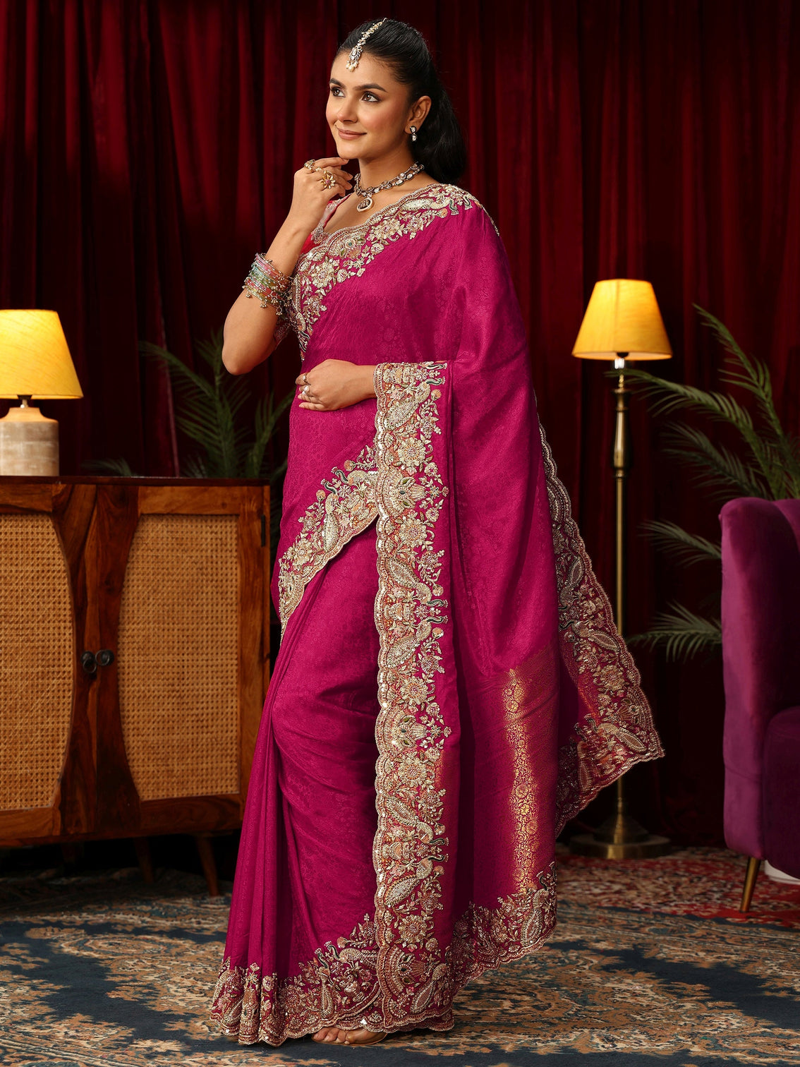 Mameraa Art Pink Silk Blend Saree with Zari and Sequin Embellished Border