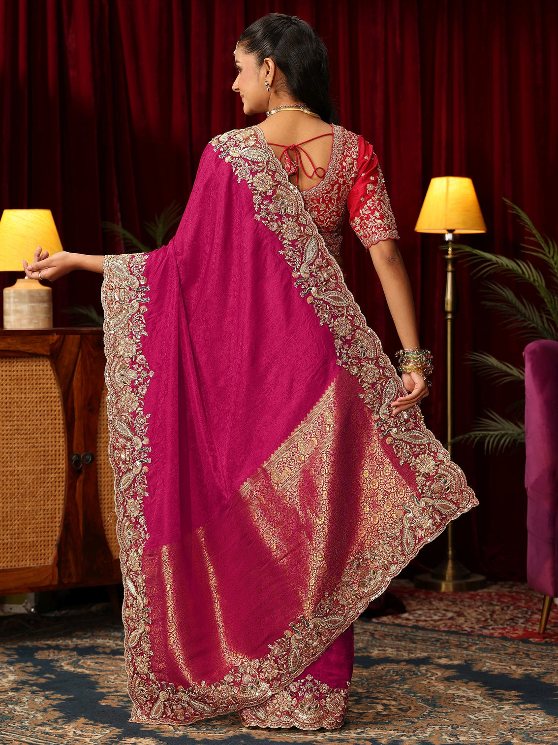 Mameraa Art Pink Silk Blend Saree with Zari and Sequin Embellished Border