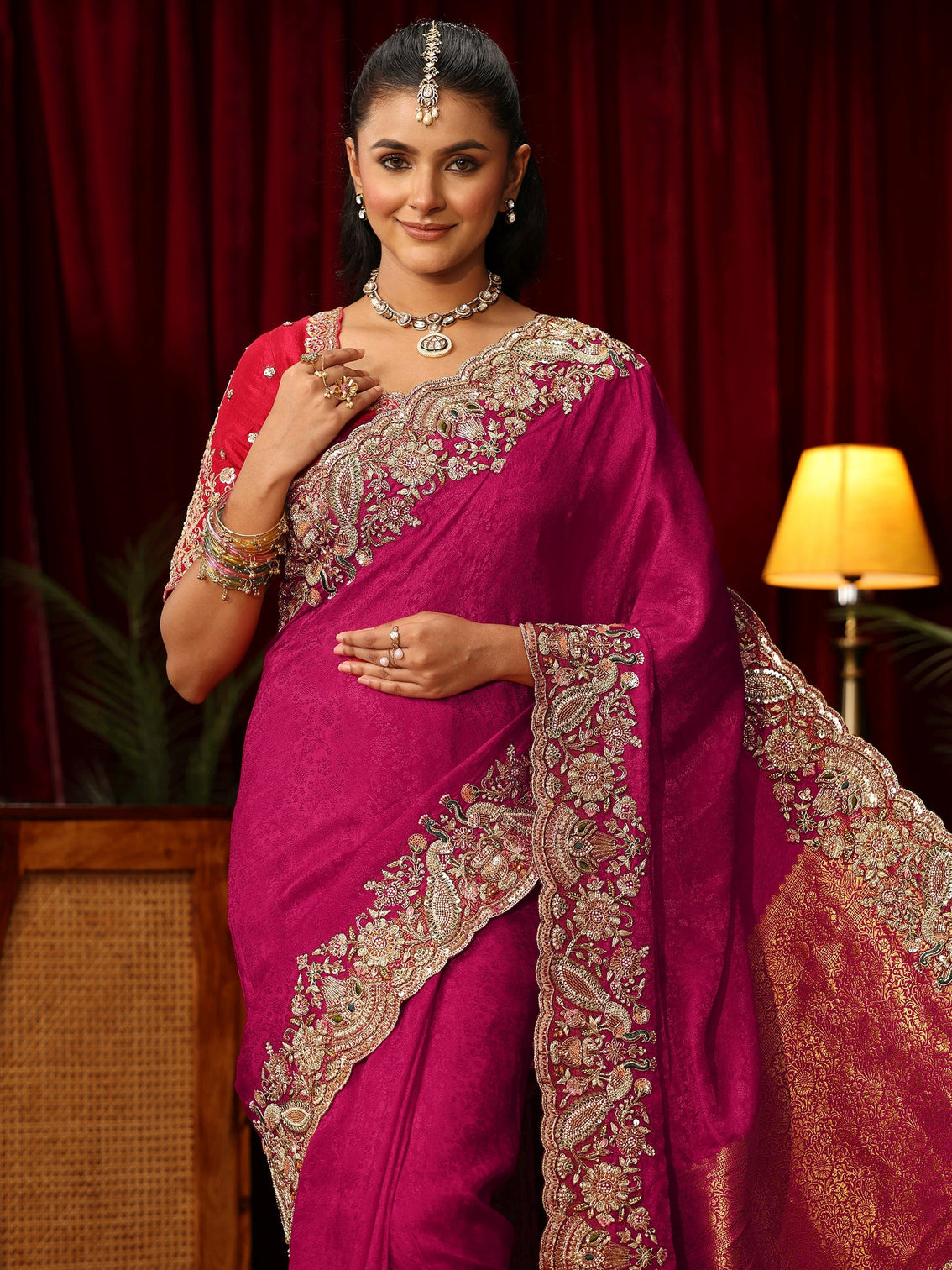 Mameraa Art Pink Silk Blend Saree with Zari and Sequin Embellished Border