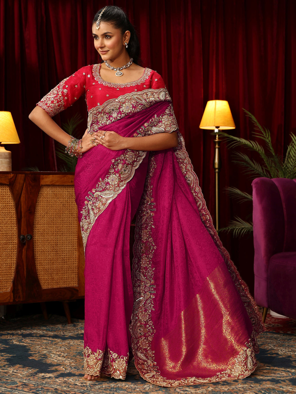 Mameraa Art Pink Silk Blend Saree with Zari and Sequin Embellished Border